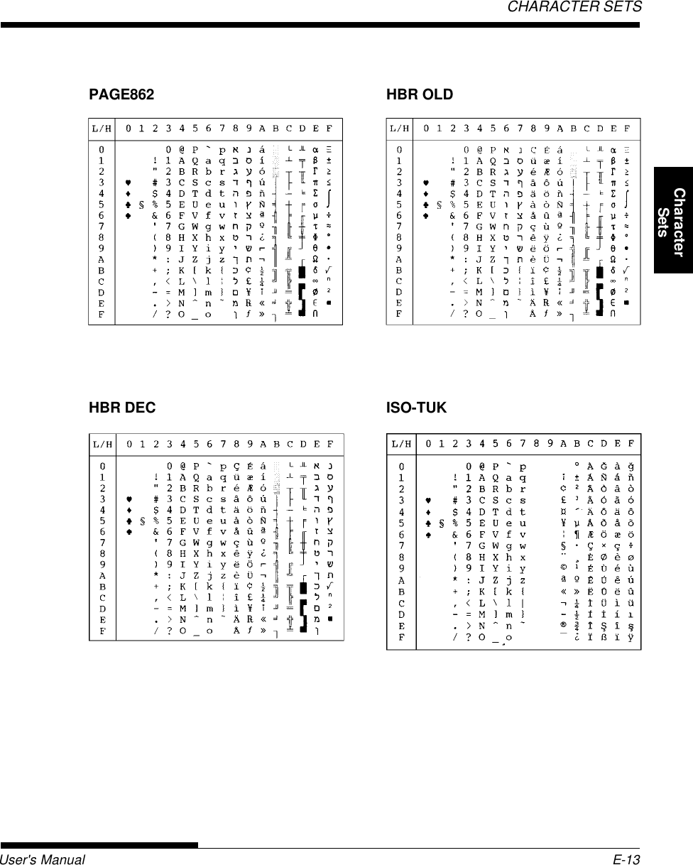 User&apos;s Manual E-13CHARACTER SETSCharacterSetsPAGE862 HBR OLDHBR DEC ISO-TUK