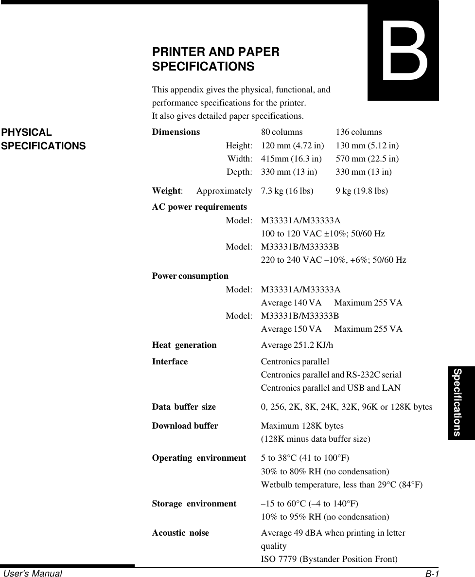 User&apos;s Manual B-1PRINTER AND PAPER SPECIFICATIONSSpecificationsBAPPENDIXPHYSICALSPECIFICATIONSPRINTER AND PAPERSPECIFICATIONSThis appendix gives the physical, functional, andperformance specifications for the printer.It also gives detailed paper specifications.Dimensions 80 columns 136 columnsHeight: 120 mm (4.72 in) 130 mm (5.12 in)Width: 415mm (16.3 in) 570 mm (22.5 in)Depth: 330 mm (13 in) 330 mm (13 in)Weight: Approximately 7.3 kg (16 lbs) 9 kg (19.8 lbs)AC power requirementsModel: M33331A/M33333A100 to 120 VAC ±10%; 50/60 HzModel: M33331B/M33333B220 to 240 VAC –10%, +6%; 50/60 HzPower consumptionModel: M33331A/M33333AAverage 140 VA Maximum 255 VAModel: M33331B/M33333BAverage 150 VA Maximum 255 VAHeat generation Average 251.2 KJ/hInterface Centronics parallelCentronics parallel and RS-232C serialCentronics parallel and USB and LANData buffer size 0, 256, 2K, 8K, 24K, 32K, 96K or 128K bytesDownload buffer Maximum 128K bytes(128K minus data buffer size)Operating environment 5 to 38°C (41 to 100°F)30% to 80% RH (no condensation)Wetbulb temperature, less than 29°C (84°F)Storage environment –15 to 60°C (–4 to 140°F)10% to 95% RH (no condensation)Acoustic noise Average 49 dBA when printing in letterqualityISO 7779 (Bystander Position Front)B
