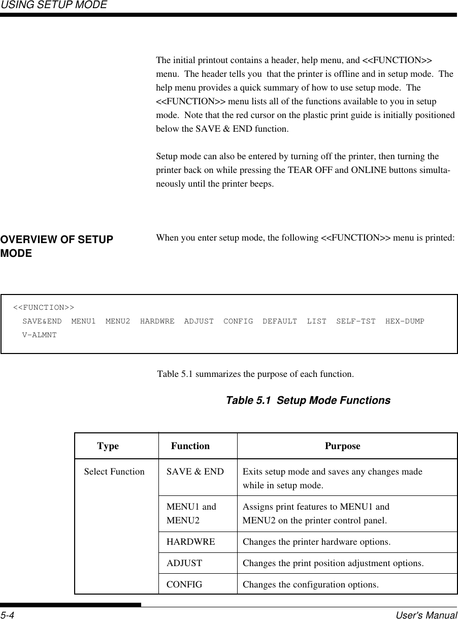 USING SETUP MODEUser&apos;s Manual5-4Select Function SAVE &amp; END Exits setup mode and saves any changes madewhile in setup mode.MENU1 and Assigns print features to MENU1 andMENU2 MENU2 on the printer control panel.HARDWRE Changes the printer hardware options.ADJUST Changes the print position adjustment options.CONFIG Changes the configuration options.The initial printout contains a header, help menu, and &lt;&lt;FUNCTION&gt;&gt;menu.  The header tells you  that the printer is offline and in setup mode.  Thehelp menu provides a quick summary of how to use setup mode.  The&lt;&lt;FUNCTION&gt;&gt; menu lists all of the functions available to you in setupmode.  Note that the red cursor on the plastic print guide is initially positionedbelow the SAVE &amp; END function.Setup mode can also be entered by turning off the printer, then turning theprinter back on while pressing the TEAR OFF and ONLINE buttons simulta-neously until the printer beeps.When you enter setup mode, the following &lt;&lt;FUNCTION&gt;&gt; menu is printed:OVERVIEW OF SETUPMODE&lt;&lt;FUNCTION&gt;&gt;  SAVE&amp;END  MENU1  MENU2  HARDWRE  ADJUST  CONFIG  DEFAULT  LIST  SELF-TST  HEX-DUMP  V-ALMNTTable 5.1 summarizes the purpose of each function.Table 5.1  Setup Mode FunctionsType Function Purpose