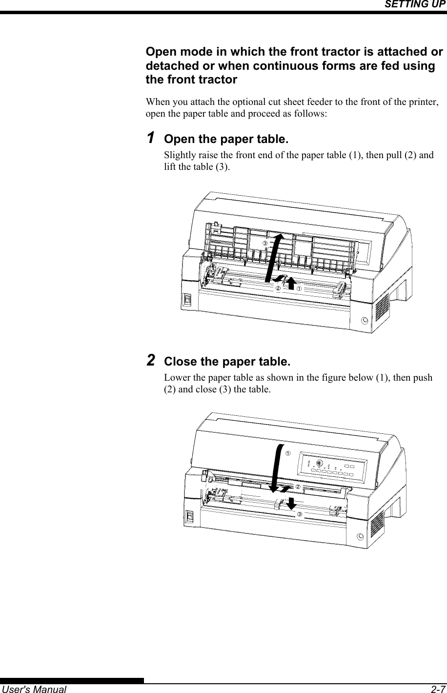 SETTING UP   User&apos;s Manual  2-7 Open mode in which the front tractor is attached or detached or when continuous forms are fed using the front tractor When you attach the optional cut sheet feeder to the front of the printer, open the paper table and proceed as follows: 1  Open the paper table. Slightly raise the front end of the paper table (1), then pull (2) and lift the table (3).  2  Close the paper table. Lower the paper table as shown in the figure below (1), then push (2) and close (3) the table.  