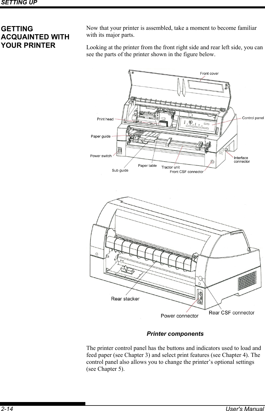 SETTING UP    2-14  User&apos;s Manual Now that your printer is assembled, take a moment to become familiar with its major parts. Looking at the printer from the front right side and rear left side, you can see the parts of the printer shown in the figure below.   Printer components The printer control panel has the buttons and indicators used to load and feed paper (see Chapter 3) and select print features (see Chapter 4). The control panel also allows you to change the printer’s optional settings (see Chapter 5).  GETTING ACQUAINTED WITH YOUR PRINTER 