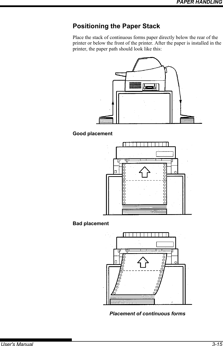 PAPER HANDLING   User&apos;s Manual  3-15 Positioning the Paper Stack Place the stack of continuous forms paper directly below the rear of the printer or below the front of the printer. After the paper is installed in the printer, the paper path should look like this:  Good placement  Bad placement  Placement of continuous forms 