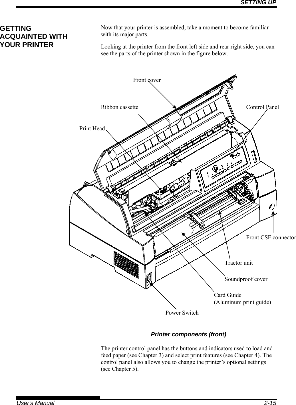SETTING UP   User&apos;s Manual  2-15 Now that your printer is assembled, take a moment to become familiar with its major parts. Looking at the printer from the front left side and rear right side, you can see the parts of the printer shown in the figure below.      Printer components (front) The printer control panel has the buttons and indicators used to load and feed paper (see Chapter 3) and select print features (see Chapter 4). The control panel also allows you to change the printer’s optional settings (see Chapter 5).  GETTING ACQUAINTED WITH YOUR PRINTER Soundproof cover Tractor unit Front cover Ribbon cassette  Control Panel Power Switch Front CSF connector Print Head Card Guide (Aluminum print guide) 
