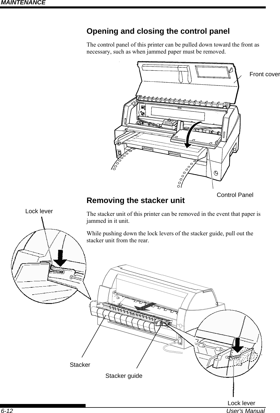 MAINTENANCE    6-12  User&apos;s Manual Opening and closing the control panel The control panel of this printer can be pulled down toward the front as necessary, such as when jammed paper must be removed.  Removing the stacker unit The stacker unit of this printer can be removed in the event that paper is jammed in it unit. While pushing down the lock levers of the stacker guide, pull out the stacker unit from the rear.   Lock lever Front coverControl Panel Stacker guideLock lever Stacker 