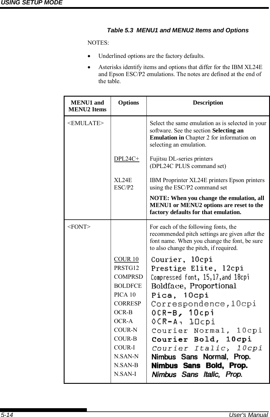 USING SETUP MODE    5-14  User&apos;s Manual Table 5.3  MENU1 and MENU2 Items and Options NOTES:  Underlined options are the factory defaults.  Asterisks identify items and options that differ for the IBM XL24E and Epson ESC/P2 emulations. The notes are defined at the end of the table.  MENU1 and MENU2 Items  Options Description &lt;EMULATE&gt;    Select the same emulation as is selected in your software. See the section Selecting an Emulation in Chapter 2 for information on selecting an emulation.  DPL24C+ Fujitsu DL-series printers  (DPL24C PLUS command set)  XL24E ESC/P2 IBM Proprinter XL24E printers Epson printers using the ESC/P2 command set NOTE: When you change the emulation, all MENU1 or MENU2 options are reset to the factory defaults for that emulation. &lt;FONT&gt;    COUR 10 PRSTG12 COMPRSDBOLDFCEPICA 10 CORRESPOCR-B OCR-A COUR-N COUR-B COUR-I N.SAN-N N.SAN-B N.SAN-I For each of the following fonts, the recommended pitch settings are given after the font name. When you change the font, be sure to also change the pitch, if required.  