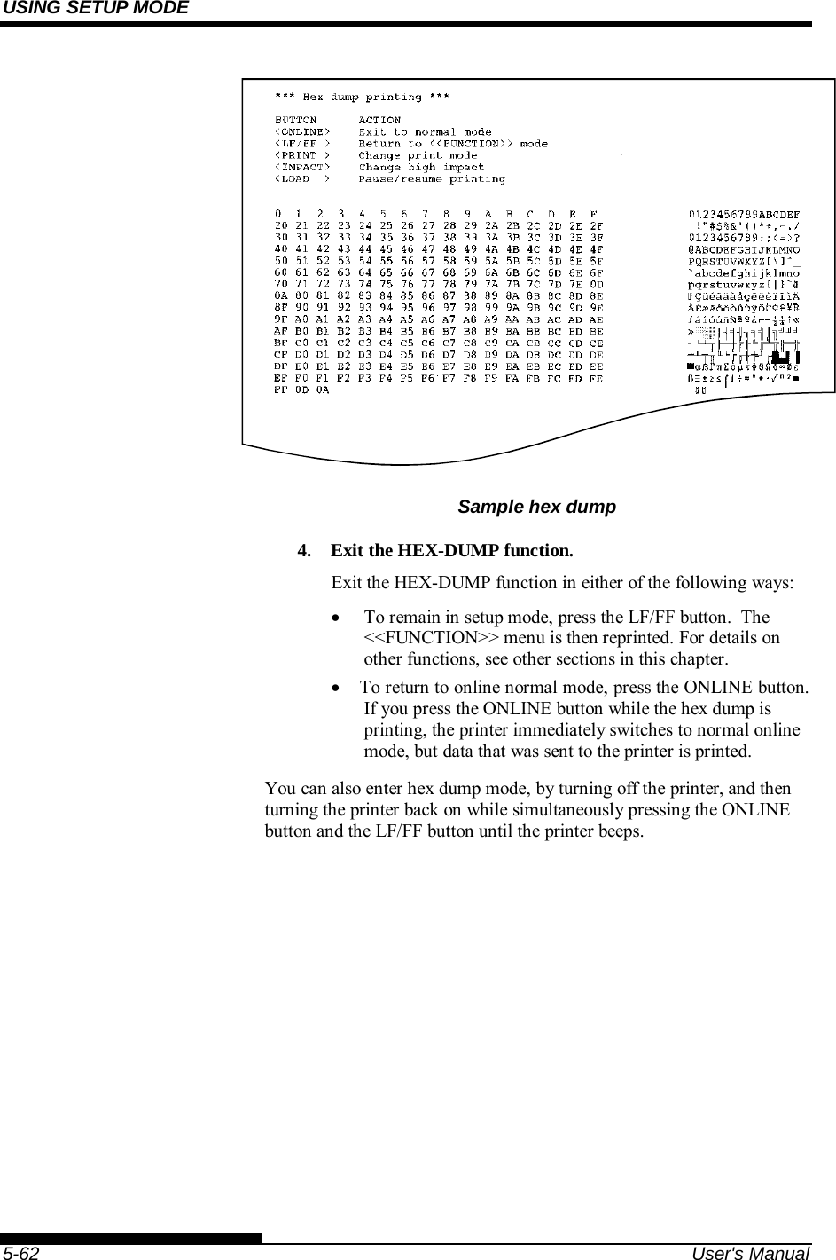USING SETUP MODE    5-62  User&apos;s Manual    Sample hex dump 4.  Exit the HEX-DUMP function. Exit the HEX-DUMP function in either of the following ways:   To remain in setup mode, press the LF/FF button.  The &lt;&lt;FUNCTION&gt;&gt; menu is then reprinted. For details on other functions, see other sections in this chapter.   To return to online normal mode, press the ONLINE button. If you press the ONLINE button while the hex dump is printing, the printer immediately switches to normal online mode, but data that was sent to the printer is printed. You can also enter hex dump mode, by turning off the printer, and then turning the printer back on while simultaneously pressing the ONLINE button and the LF/FF button until the printer beeps. 