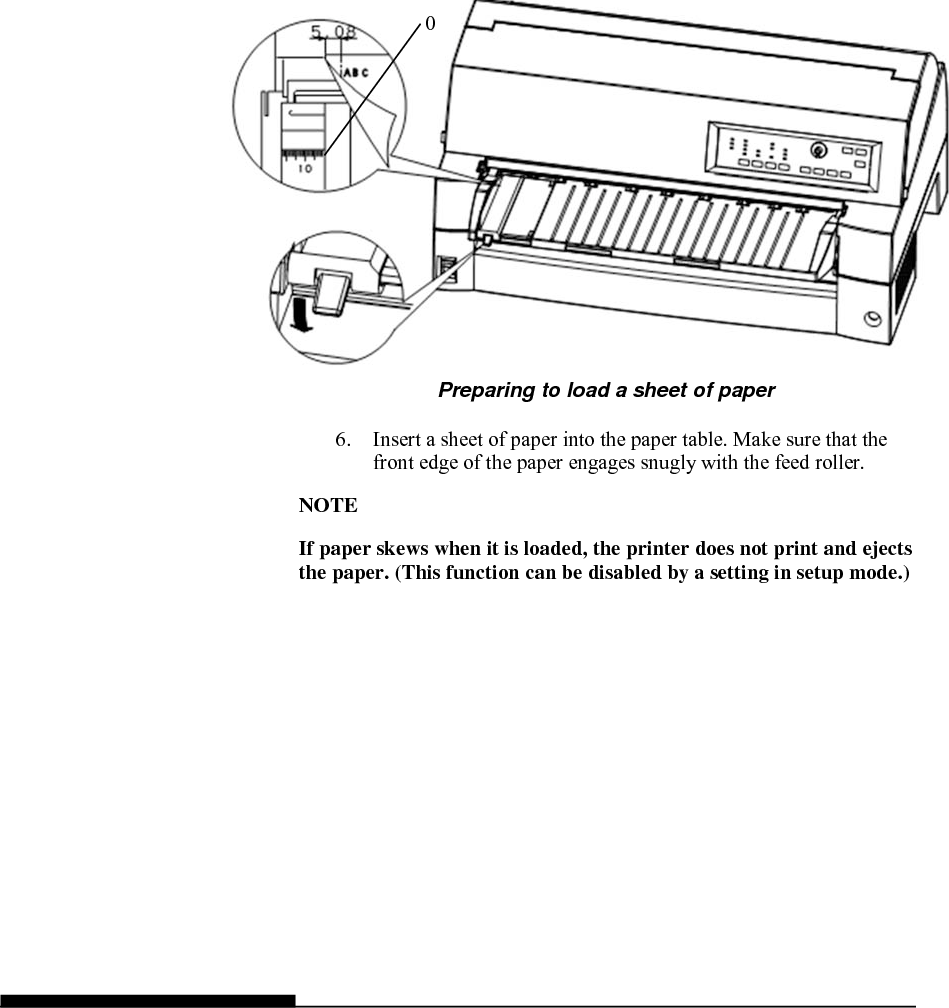 PAPER HANDLING   User&apos;s Manual  3-11 4.  Adjust the left margin. On the left hand side of the paper table, a scale graduated in units of 1 [mm]. When the paper guide is positioned at scale 0 [mm], the left margin is 5 mm (0.2 inch).  Push the lock lever down to secure the guide. 5.  Pull the sub-guide out as required to the paper size.  NOTE When using the paper whose width is under 100 mm (4 inch), position the paper guide at scale 0 [mm].          Preparing to load a sheet of paper 6.  Insert a sheet of paper into the paper table. Make sure that the front edge of the paper engages snugly with the feed roller. NOTE If paper skews when it is loaded, the printer does not print and ejects the paper. (This function can be disabled by a setting in setup mode.) 0  