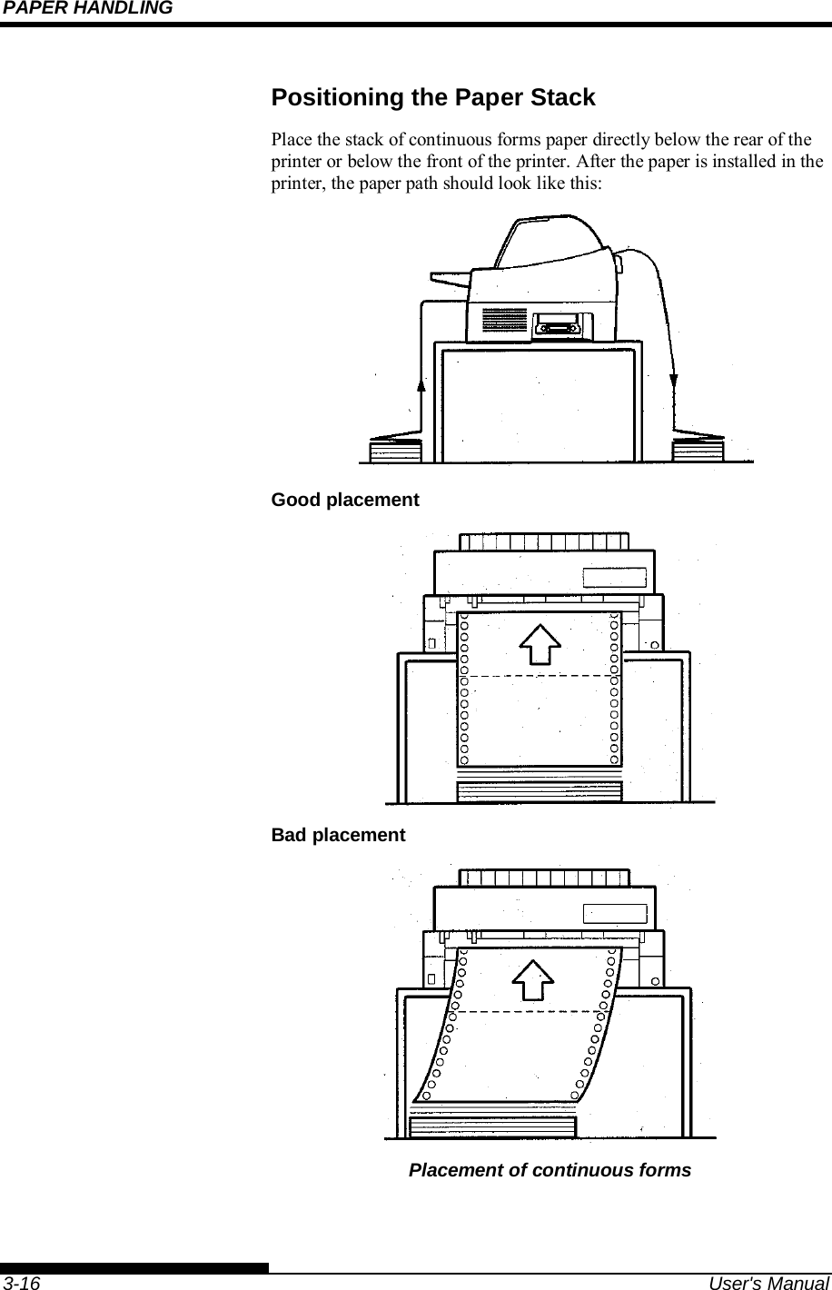 PAPER HANDLING    3-16  User&apos;s Manual Positioning the Paper Stack Place the stack of continuous forms paper directly below the rear of the printer or below the front of the printer. After the paper is installed in the printer, the paper path should look like this:  Good placement  Bad placement  Placement of continuous forms 