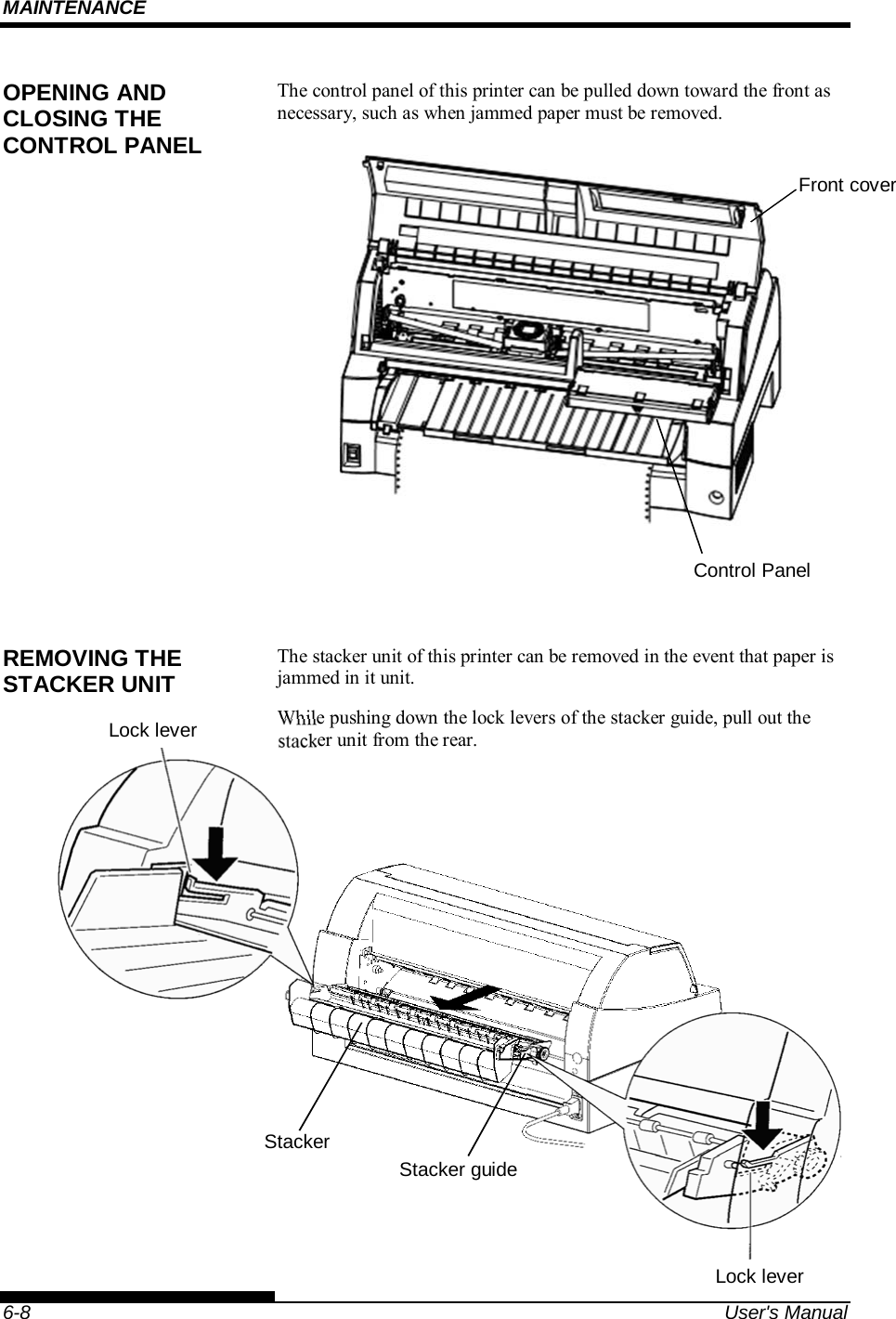 MAINTENANCE    6-8  User&apos;s Manual The control panel of this printer can be pulled down toward the front as necessary, such as when jammed paper must be removed.     The stacker unit of this printer can be removed in the event that paper is jammed in it unit. While pushing down the lock levers of the stacker guide, pull out the stacker unit from the rear.     OPENING AND CLOSING THE CONTROL PANEL REMOVING THE STACKER UNIT Front coverControl Panel Stacker guideLock lever Stacker Lock lever 