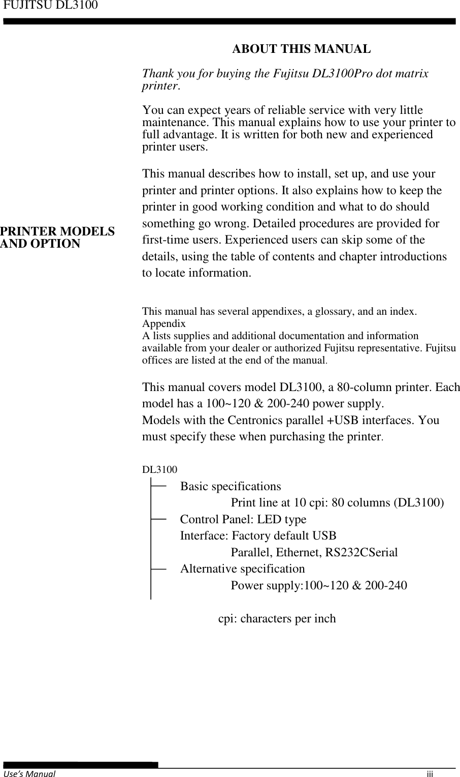 Page 7 of Fujitsu Isotec 021M33342A Dot Matrix Printer User Manual Part 1 of 2