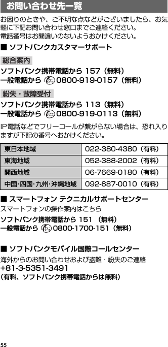 55お問い合わせ先一覧お困りのときや、ご不明な点などがございましたら、お気軽に下記お問い合わせ窓口までご連絡ください。電話番号はお間違いのないようおかけください。■ ソフトバンクカスタマーサポートoソフトバンク携帯電話から 157（無料）一般電話から  0800-919-0157（無料）ソフトバンク携帯電話から 113（無料）一般電話から  0800-919-0113（無料）IP電話などでフリーコールが繋がらない場合は、恐れ入りますが下記の番号へおかけください。■ スマートフォン テクニカルサポートセンタースマートフォンの操作案内はこちらソフトバンク携帯電話から 151 （無料）一般電話から  0800-1700-151（無料）■ ソフトバンクモバイル国際コールセンター海外からのお問い合わせおよび盗難・紛失のご連絡+81-3-5351-3491（有料、ソフトバンク携帯電話からは無料）お問い合わせ先一覧東日本地域 022-380-4380（有料）東海地域 052-388-2002（有料）関西地域 06-7669-0180（有料）中国・四 国・九 州・沖縄地域 092-687-0010（有料）総合案内紛失・故障受付