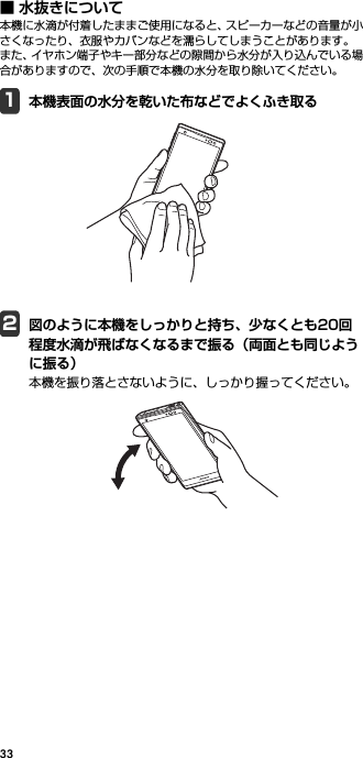 33■ 水抜きについて本機に水滴が付着したままご使用になると、スピーカーなどの音量が小さくなったり、衣服やカバンなどを濡らしてしまうことがあります。また、イヤホン端子やキー部分などの隙間から水分が入り込んでいる場合がありますので、次の手順で本機の水分を取り除いてください。1本機表面の水分を乾いた布などでよくふき取る2図のように本機をしっかりと持ち、少なくとも20回程度水滴が飛ばなくなるまで振る（両面とも同じように振る）本機を振り落とさないように、しっかり握ってください。