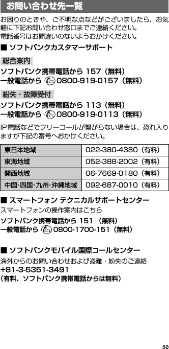 50お問い合わせ先一覧お困りのときや、ご不明な点などがございましたら、お気軽に下記お問い合わせ窓口までご連絡ください。電話番号はお間違いのないようおかけください。■ ソフトバンクカスタマーサポートoソフトバンク携帯電話から 157（無料）一般電話から  0800-919-0157（無料）ソフトバンク携帯電話から 113（無料）一般電話から  0800-919-0113（無料）IP電話などでフリーコールが繋がらない場合は、恐れ入りますが下記の番号へおかけください。■ スマートフォン テクニカルサポートセンタースマートフォンの操作案内はこちらソフトバンク携帯電話から 151 （無料）一般電話から  0800-1700-151（無料）■ ソフトバンクモバイル国際コールセンター海外からのお問い合わせおよび盗難・紛失のご連絡+81-3-5351-3491（有料、ソフトバンク携帯電話からは無料）お問い合わせ先一覧東日本地域 022-380-4380（有料）東海地域 052-388-2002（有料）関西地域 06-7669-0180（有料）中国・四 国・九 州・沖縄地域 092-687-0010（有料）総合案内紛失・故障受付