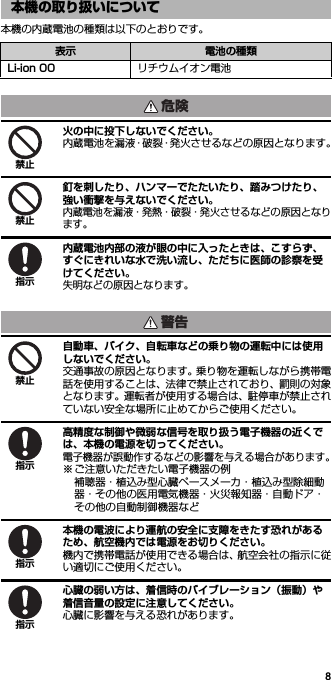 8本機の内蔵電池の種類は以下のとおりです。火の中に投下しないでください。内蔵電池を漏液・破裂・発火させるなどの原因となります。釘を刺したり、ハンマーでたたいたり、踏みつけたり、強い衝撃を与えないでください。内蔵電池を漏液・発熱・破裂・発火させるなどの原因となります。内蔵電池内部の液が眼の中に入ったときは、こすらず、すぐにきれいな水で洗い流し、ただちに医師の診察を受けてください。失明などの原因となります。自動車、バイク、自転車などの乗り物の運転中には使用しないでください。交通事故の原因となります。乗り物を運転しながら携帯電話を使用することは、法律で禁止されており、罰則の対象となります。運転者が使用する場合は、駐停車が禁止されていない安全な場所に止めてからご使用ください。高精度な制御や微弱な信号を取り扱う電子機器の近くでは、本機の電源を切ってください。電子機器が誤動作するなどの影響を与える場合があります。※ ご注意いただきたい電子機器の例補聴器・植込み型心臓ペースメーカ・植込み型除細動器・その他の医用電気機器・火災報知器・自動ドア・その他の自動制御機器など本機の電波により運航の安全に支障をきたす恐れがあるため、航空機内では電源をお切りください。機内で携帯電話が使用できる場合は、航空会社の指示に従い適切にご使用ください。心臓の弱い方は、着信時のバイブレーション（振動）や着信音量の設定に注意してください。心臓に影響を与える恐れがあります。本機の取り扱いについて表示 電池の種類Li-ion 00 リチウムイオン電池危険禁止禁止指示警告禁止指示指示指示
