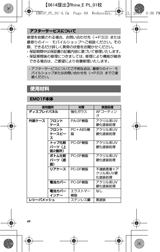 49修理を依頼される場合、お問い合わせ先（→P.53）または最寄りのイー・モバイルショップへご相談ください。その際、できるだけ詳しく異常の状態をお聞かせください。･保証期間中は保証書の記載内容に基づいて修理いたします。･保証期間後の修理につきましては、修理により機能が維持できる場合は、ご要望により有償修理いたします。アフターサービスについて･アフターサービスについてご不明な点は、最寄りのイー・モバイルショップまたはお問い合わせ先（→P.53）までご連絡ください。使用材料EM01F本体使用箇所 材質 表面処理ディスプレイパネル 強化ガラス AFコーティング外装ケース フロントケースPA-GF樹脂 アクリル系UV硬化塗装処理フロントケースピースPC＋ABS樹脂アクリル系UV硬化塗装処理トップ化粧パーツ（上面2箇所）PC-GF樹脂 アクリル系UV硬化塗装処理ボトム化粧パーツ（底面）PC-GF樹脂 アクリル系UV硬化塗装処理リアケース PC-GF樹脂 不連続蒸着＋アクリル系UV硬化塗装処理電池カバー PC-GF樹脂 アクリル系UV硬化塗装処理電池カバーインナーエラストマー樹脂なしレシーバメッシュ ステンレス鋼 黒塗装EM01F_PL_01-4.fm  Page 49  Wednesday, June 12, 2013  4:36 PM【0614提出】Rhine_E PL_01校