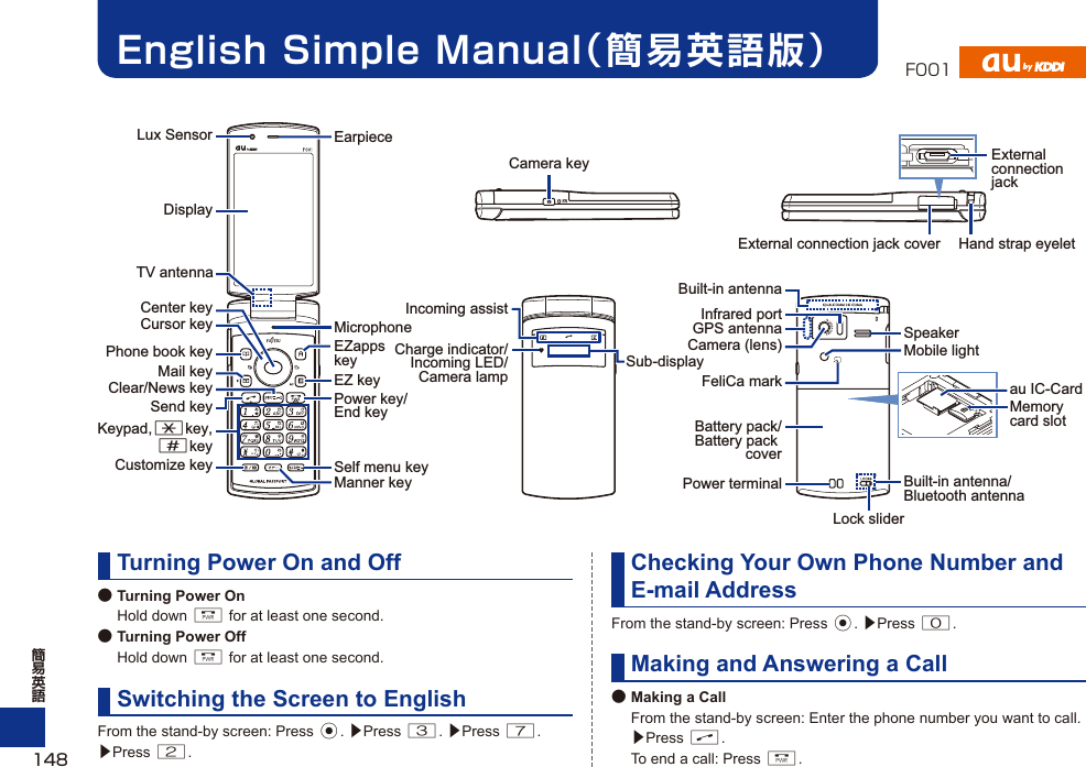 English Simple Manual（簡易英語版）Turning Power On and Off● Turning Power On Hold down F for at least one second.● Turning Power Off Hold down F for at least one second.Switching the Screen to EnglishFrom the stand-by screen: Press c. ▶Press 3. ▶Press 7. ▶Press 2.Checking Your Own Phone Number and E-mail AddressFrom the stand-by screen: Press c. ▶Press 0.Making and Answering a Call● Making a Call  From the stand-by screen: Enter the phone number you want to call. ▶Press N.  To end a call: Press F.DisplayCenter keyTV antennaGPS antennaCursor keyPhone book keyCustomize keyMail keyClear/News keySend keyKeypad,*key,#keyMicrophoneEZapps keyEZ keyPower key/End keyManner keySelf menu keyMemory card slotExternal connection jack coverExternal connection jackInfrared portCamera keySub-displayCamera (lens)FeliCa markSpeakerBuilt-in antenna/Bluetooth antennaMobile lightBattery pack/Battery pack coverBuilt-in antennaHand strap eyeletLock sliderIncoming assistCharge indicator/Incoming LED/Camera lamp au IC-CardEarpieceLux SensorPower terminal148F001