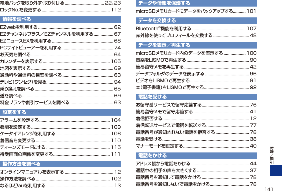 電池パックを取り外す・取り付ける .................................. 22、23ロックNo.を変更する ........................................................... 112情報を調べるEZwebを利用する ................................................................. 62EZチャンネルプラス／EZチャンネルを利用する ................. 67EZニュースEXを利用する ..................................................... 68PCサイトビューアーを利用する ............................................ 74お天気を調べる ....................................................................... 64カレンダーを表示する .......................................................... 105地図を表示する ....................................................................... 69通話料や通信料の目安を調べる ............................................ 63テレビ（ワンセグ）を見る.......................................................... 94乗り換えを調べる .................................................................... 65道を調べる ............................................................................... 69料金プランや割引サービスを調べる ...................................... 63設定をするアラームを設定する ............................................................. 104機能を設定する .................................................................... 109ケータイアレンジを利用する ............................................... 106着信音を変更する ................................................................ 110ティーンズモードにする ....................................................... 115待受画面の画像を変更する ................................................. 111操作方法を調べるオンラインマニュアルを表示する .......................................... 12操作方法を調べる ................................................................ 102なるほど！auを利用する .......................................................... 13データや情報を保護するmicroSDメモリカードにデータをバックアップする ........... 101データを交換するBluetooth®機能を利用する ............................................... 107赤外線を使ってプロフィールを交換する ............................... 48データを表示／再生するmicroSDメモリカード内のデータを表示する ................... 100音楽をLISMOで再生する ...................................................... 90簡易留守メモを再生する ........................................................ 42データフォルダのデータを表示する ...................................... 96ビデオをLISMOで再生する ................................................... 91本（電子書籍）をLISMOで再生する ....................................... 92電話を受けるお留守番サービスで留守応答する ......................................... 76簡易留守メモで留守応答する ................................................ 41着信拒否する ........................................................................... 12着信転送サービスで電話を転送する ..................................... 77電話番号が通知されない電話を拒否する ............................. 78電話を受ける ........................................................................... 38マナーモードを設定する ......................................................... 40電話をかけるアドレス帳から電話をかける ..................................................44通話中の相手の声を大きくする ............................................. 37電話番号を通知して電話をかける ......................................... 78電話番号を通知しないで電話をかける .................................. 78141