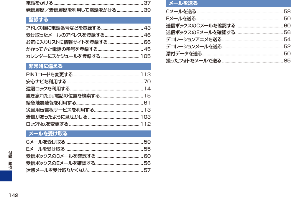 電話をかける ........................................................................... 37発信履歴／着信履歴を利用して電話をかける ...................... 39登録するアドレス帳に電話番号などを登録する ................................... 43受け取ったメールのアドレスを登録する ................................ 46お気に入りリストに情報サイトを登録する ............................. 66かかってきた電話の番号を登録する ...................................... 45カレンダーにスケジュールを登録する ................................ 105非常時に備えるPIN1コードを変更する ........................................................ 113安心ナビを利用する ................................................................70遠隔ロックを利用する ............................................................. 14置き忘れたau電話の位置を検索する .................................... 15緊急地震速報を利用する ........................................................ 61災害用伝言板サービスを利用する ......................................... 13着信があったように見せかける ........................................... 103ロックNo.を変更する ........................................................... 112メールを受け取るCメールを受け取る ................................................................. 59Eメールを受け取る ................................................................. 55受信ボックスのCメールを確認する ....................................... 60受信ボックスのEメールを確認する ........................................ 56迷惑メールを受け取りたくない .............................................. 57メールを送るCメールを送る ........................................................................ 58Eメールを送る ......................................................................... 50送信ボックスのCメールを確認する ....................................... 60送信ボックスのEメールを確認する ........................................ 56デコレーションアニメを送る ................................................... 54デコレーションメールを送る ................................................... 52添付データを送る .................................................................... 50撮ったフォトをメールで送る ................................................... 85142