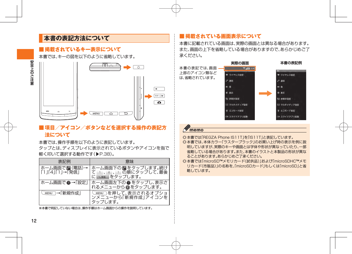 12本書の表記方法について ■ 掲載されているキー表示について本書では、キーの図を以下のように省略しています。MAREFDC ■ 項目／アイコン／ボタンなどを選択する操作の表記方法について本書では、操作手順を以下のように表記しています。タップとは、ディスプレイに表示されているボタンやアイコンを指で軽く叩いて選択する動作です（▶P.38）。表記例 意味ホーム画面で   （電話）→「1」「4」「1」→「発信」ホーム画面下の   をタップします。続けて   、  、  の順にタップして、最後に   をタップします。ホーム画面で   →「設定」 ホーム画面左下の   をタップし、表示されるメニューから   をタップします。M→「新規作成」 Mを押して、表示されるオプションメニューから「新規作成」アイコンをタップします。※本書で明記していない場合は、操作手順はホーム画面からの操作を説明しています。 ■ 掲載されている画面表示について本書に記載されている画面は、実際の画面とは異なる場合があります。また、画面の上下を省略している場合がありますので、あらかじめご了承ください。本書の表記では、画面上部のアイコン類などは、省略されています。     実際の画面 本書の表記例◎ 本書では「REGZA Phone IS11T」を「IS11T」と表記しています。◎ 本書では、本体カラー「ラスターブラック」のお買い上げ時の表示を例に説明していますが、実際のキーや画面とは字体や形状が異なっていたり、一部省略している場合があります。また、本書のイラストと本製品の形状が異なることがあります。あらかじめご了承ください。◎ 本書では「microSD™メモリカード（試供品）」および「microSDHC™メモリカード（市販品）」の名称を、「microSDカード」もしくは「microSD」と省略しています。