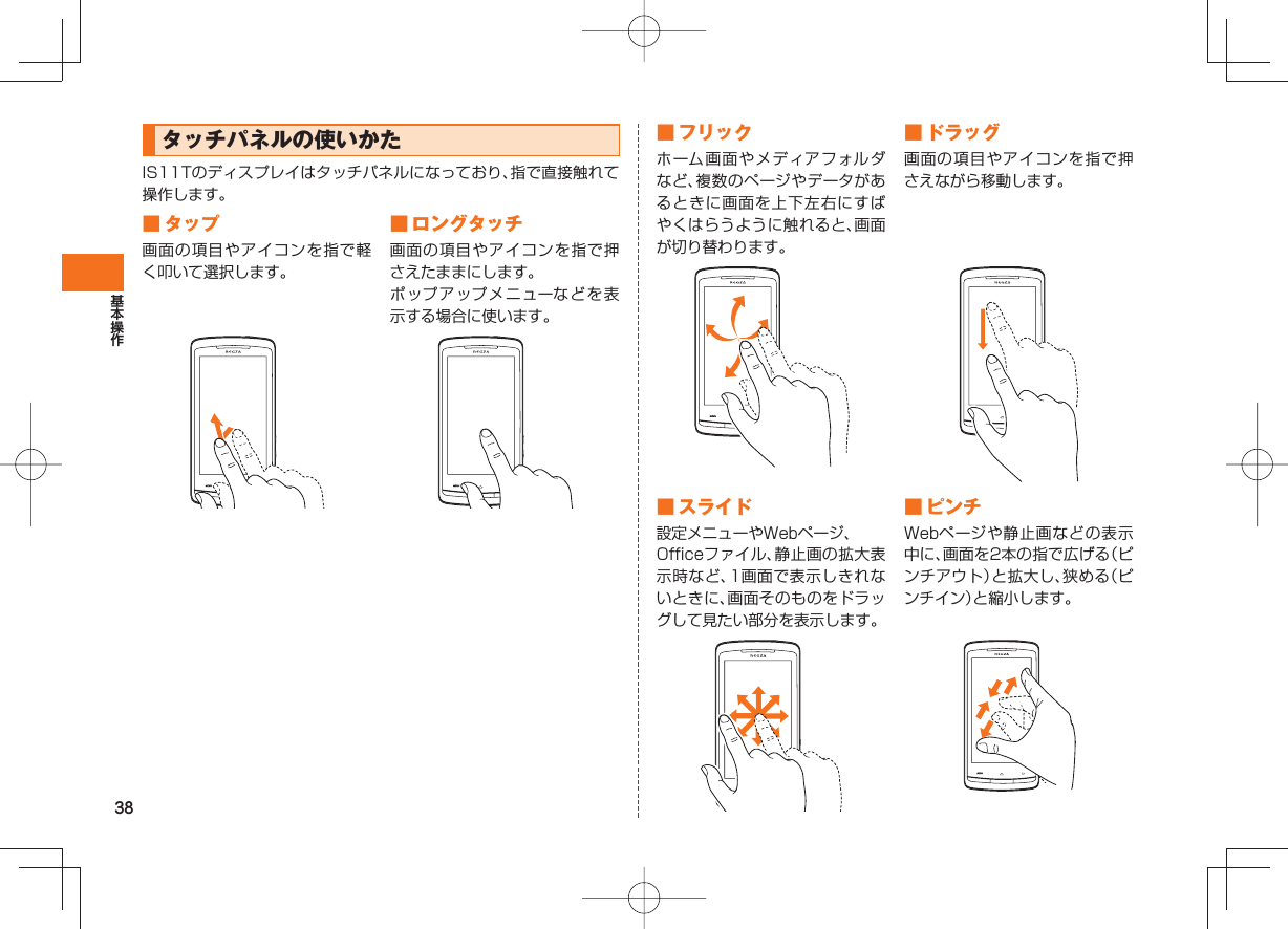 38 タッチパネルの使いかた IS11Tのディスプレイはタッチパネルになっており、指で直接触れて操作します。 ■  タップ 画面の項目やアイコンを指で軽く叩いて選択します。 ■ ロングタッチ画面の項目やアイコンを指で押さえたままにします。ポップアップメニューなどを表示する場合に使います。 ■ フリックホーム画面やメディアフォルダなど、複数のページやデータがあるときに画面を上下左右にすばやくはらうように触れると、画面が切り替わります。 ■   ドラッグ画面の項目やアイコンを指で押さえながら移動します。 ■ スライド設定メニューやWebページ、 Officeファイル、静止画の拡大表示時など、1画面で表示しきれないときに、画面そのものをドラッグして見たい部分を表示します。 ■ ピンチWebページや静止画などの表示中に、画面を2本の指で広げる（ピンチアウト）と拡大し、狭める（ピンチイン）と縮小します。