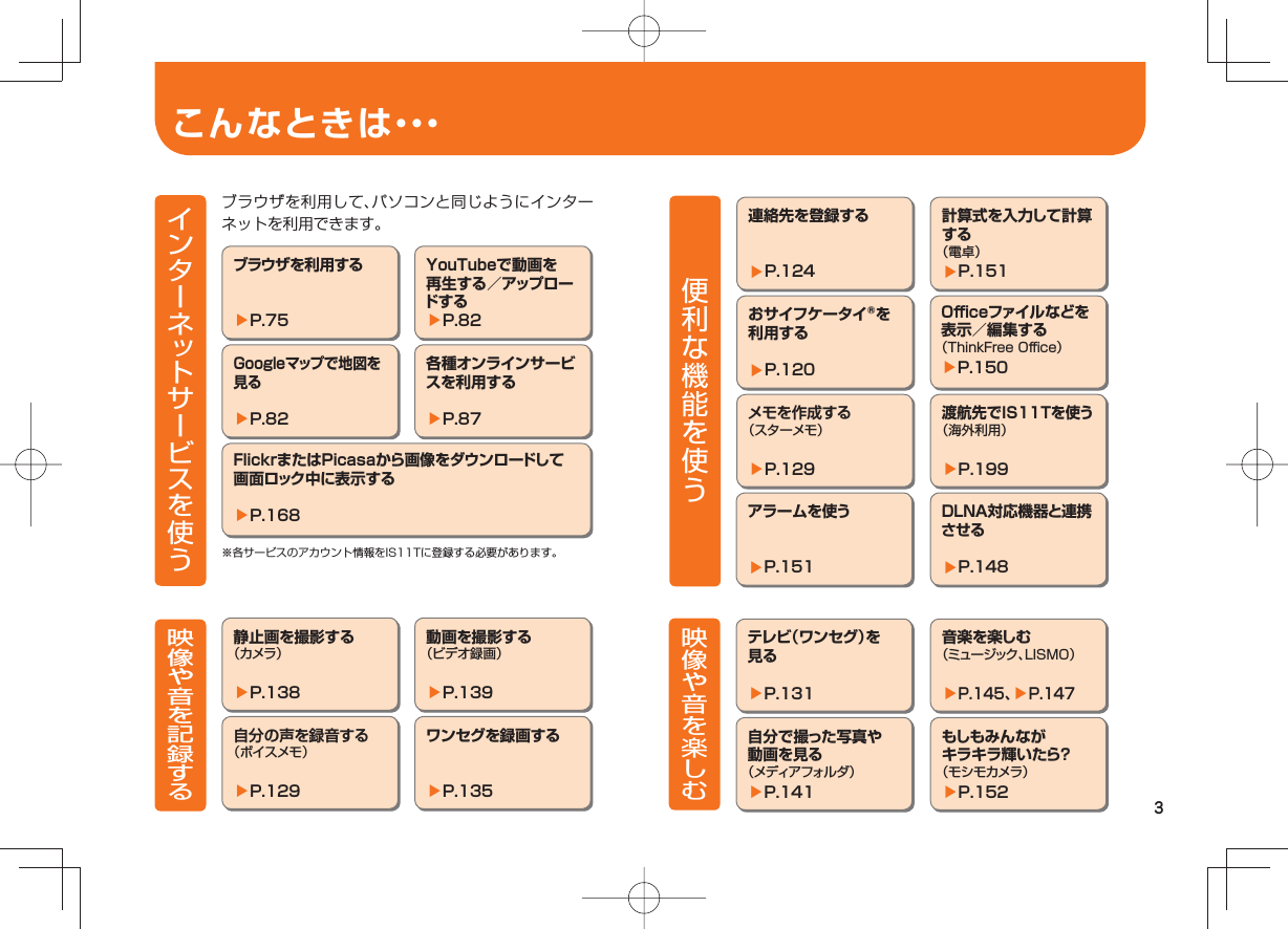 3こんなときは・・・ブラウザを利用して、パソコンと同じようにインターネットを利用できます。※各サービスのアカウント情報をIS11Tに登録する必要があります。YouTubeで動画を再生する／アップロードする▶P.82各種オンラインサービスを利用する▶P.87ブラウザを利用する▶P.75Googleマップで地図を見る▶P.82FlickrまたはPicasaから画像をダウンロードして画面ロック中に表示する▶P.168静止画を撮影する（カメラ）▶P.138自分の声を録音する（ボイスメモ）▶P.129動画を撮影する（ビデオ録画）▶P.139ワンセグを録画する▶P.135計算式を入力して計算する（電卓）▶P.151Oﬃ  ceファイルなどを表示／編集する（ThinkFree Oﬃ  ce）▶P.150渡航先でIS11Tを使う（海外利用）▶P.199連絡先を登録する▶P.124おサイフケータイ󰙽を利用する▶P.120メモを作成する（スターメモ）▶P.129DLNA対応機器と連携させる▶P.148音楽を楽しむ（ミュージック、LISMO）▶P.145、▶P.147もしもみんながキラキラ輝いたら？（モシモカメラ）▶P.152アラームを使う▶P.151テレビ（ワンセグ）を見る▶P.131自分で撮った写真や動画を見る（メディアフォルダ）▶P.141