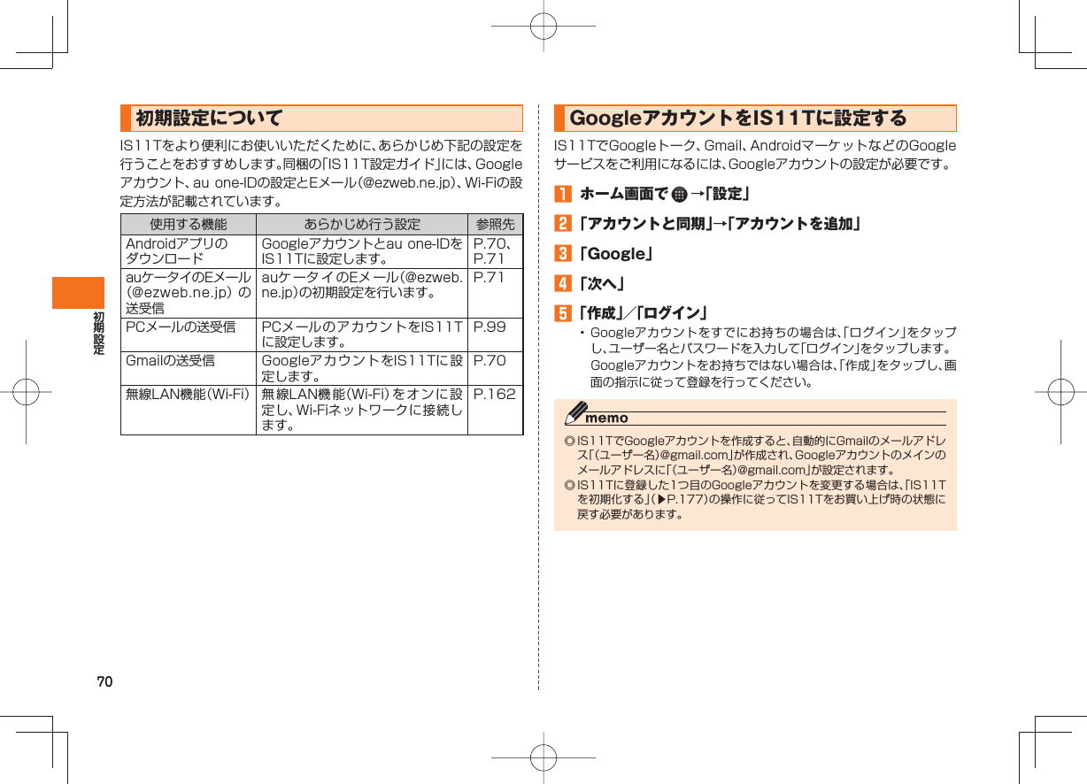 70 初期設定についてIS11Tをより便利にお使いいただくために、あらかじめ下記の設定を行うことをおすすめします。同梱の「IS11T設定ガイド」には、Googleアカウント、au one-IDの設定とEメール（@ezweb.ne.jp）、Wi-Fiの設定方法が記載されています。使用する機能 あらかじめ行う設定 参照先AndroidアプリのダウンロードGoogleアカウントとau one-IDをIS11Tに設定します。P.70、P.71auケータイのEメール（@ezweb.ne.jp）の送受信auケ ータ イ のEメ ール（@ezweb.ne.jp）の初期設定を行います。P.71PCメールの送受信 PCメールのアカウントをIS11Tに設定します。P.99Gmailの送受信 GoogleアカウントをIS11Tに設定します。P.70無線LAN機能（Wi-Fi） 無 線LAN機能（Wi-Fi）をオンに設定し、Wi-Fiネットワークに接続します。P.162  GoogleアカウントをIS11Tに設定するIS11TでGoogleトーク、Gmail、AndroidマーケットなどのGoogleサービスをご利用になるには、Googleアカウントの設定が必要です。󱈠  ホーム画面で   →「設定」󱈢 「アカウントと同期」→「アカウントを追加」󱈤 「Google」󱈦 「次へ」󱈨 「作成」／「ログイン」•  Googleアカウントをすでにお持ちの場合は、「ログイン」をタップし、ユーザー名とパスワードを入力して「ログイン」をタップします。  Googleアカウントをお持ちではない場合は、「作成」をタップし、画面の指示に従って登録を行ってください。◎ IS11TでGoogleアカウントを作成すると、自動的にGmailのメールアドレス「（ユーザー名）@gmail.com」が作成され、Googleアカウントのメインのメールアドレスに「（ユーザー名）@gmail.com」が設定されます。◎ IS11Tに登録した1つ目のGoogleアカウントを変更する場合は、「IS11Tを初期化する」（▶P.177）の操作に従ってIS11Tをお買い上げ時の状態に戻す必要があります。
