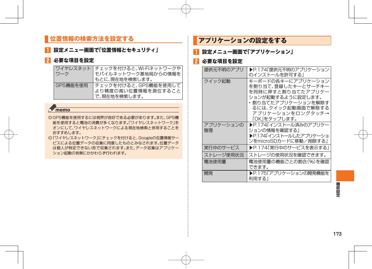 173 位置情報の検索方法 を設定する󱈠  設定メニュー画面で「位置情報とセキュリティ」󱈢  必要な項目を設定ワイヤレスネットワークチェックを付けると、Wi-Fiネットワークやモバイルネットワーク基地局からの情報をもとに、現在地を検索します。GPS機能を使用 チェックを付けると、GPS機能を使用してより精度の高い位置情報を測位することで、現在地を検索します。◎ GPS機能を使用するには視界が良好である必要があります。また、GPS機能を使用すると電池の消費が多くなります。「ワイヤレスネットワーク」をオンにして、ワイヤレスネットワークによる現在地検索と併用することをおすすめします。◎ 「ワイヤレスネットワーク」にチェックを付けると、Googleの位置情報サービスによる位置データの収集に同意したものとみなされます。位置データは個人が特定できない形で収集されます。また、データ収集はアプリケーション起動の有無にかかわらず行われます。 アプリケーションの設定をする󱈠  設定メニュー画面で「アプリケーション」󱈢  必要な項目を設定提供元不明のアプリ ▶P.174「提供元不明のアプリケーションのインストールを許可する」 クイック起動 キーボードの各キーにアプリケーションを割り当て、登録したキーとサーチキーを同時に押すと割り当てたアプリケーションが起動するように設定します。• 割り当てたアプリケーションを解除するには、クイック起動画面で解除するアプリケーションをロングタッチ→「OK」をタップします。アプリケーションの管理▶P.174「インストール済みのアプリケーションの情報を確認する」▶P.174「インストールしたアプリケーションをmicroSDカードに移動／削除する」実行中のサービス ▶P.174「実行中のサービスを表示する」ストレージ使用状況 ストレージの使用状況を確認できます。電池使用量 電池使用量の機能ごとの割合（％）を確認できます。開発 ▶P.175「アプリケーションの開発機能を利用する」