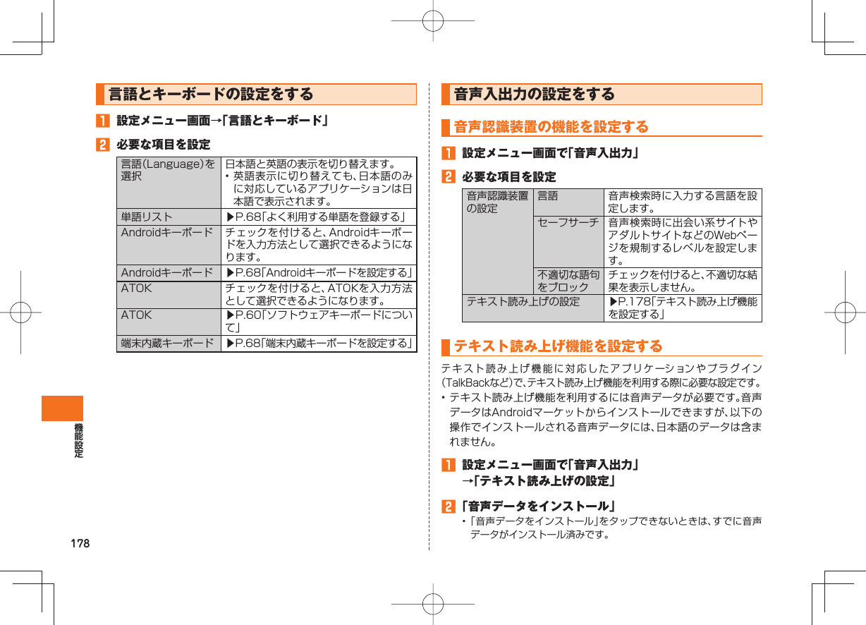178    言語とキーボードの設定をする󱈠  設定メニュー画面→「言語とキーボード」󱈢  必要な項目を設定 言語（Language）を選択日本語と英語の表示を切り替えます。• 英語表示に切り替えても、日本語のみに対応しているアプリケーションは日本語で表示されます。単語リスト ▶P.68「よく利用する単語を登録する」Androidキーボード チェックを付けると、Androidキーボードを入力方法として選択できるようになります。Androidキーボード ▶P.68「Androidキーボードを設定する」ATOK チェックを付けると、ATOKを入力方法として選択できるようになります。ATOK ▶P.60「ソフトウェアキーボードについて」端末内蔵キーボード ▶P.68「端末内蔵キーボードを設定する」  音声入出力の設定をする音声認識装置の機能を設定する󱈠  設定メニュー画面で「音声入出力」󱈢  必要な項目を設定音声認識装置の設定言語 音声検索時に入力する言語を設定します。セーフサーチ音声検索時に出会い系サイトやアダルトサイトなどのWebページを規制するレベルを設定します。不適切な語句をブロックチェックを付けると、不適切な結果を表示しません。テキスト読み上げの設定 ▶P.178「テキスト読み上げ機能を設定する」 テキスト読み上げ機能を設定するテキスト読み上げ機能に対応したアプリケーションやプラグイン（TalkBackなど）で、テキスト読み上げ機能を利用する際に必要な設定です。• テキスト読み上げ機能を利用するには音声データが必要です。音声データはAndroidマーケットからインストールできますが、以下の操作でインストールされる音声データには、日本語のデータは含まれません。󱈠  設定メニュー画面で「音声入出力」→「テキスト読み上げの設定」󱈢 「音声データをインストール」• 「音声データをインストール」をタップできないときは、すでに音声データがインストール済みです。