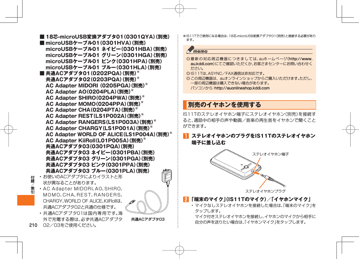 210■ 18芯-microUSB変換アダプタ01（0301QYA）（別売）■ microUSBケーブル01（0301HVA）（別売）  microUSBケーブル01 ネイビー（0301HBA）（別売）  microUSBケーブル01 グリーン（0301HGA）（別売）  microUSBケーブル01 ピンク（0301HPA）（別売）  microUSBケーブル01 ブルー（0301HLA）（別売）■ 共通ACアダプタ01（0202PQA）（別売）※  共通ACアダプタ02（0203PQA）（別売）※  AC Adapter MIDORI （0205PGA）（別売）※  AC Adapter AO（0204PLA）（別売）※  AC Adapter SHIRO（0204PWA）（別売）※  AC Adapter MOMO（0204PPA）（別売）※  AC Adapter CHA（0204PTA）（別売）※  AC Adapter REST（LS1P002A）（別売）※  AC Adapter RANGERS（LS1P003A）（別売）※  AC Adapter CHARGY（LS1P001A）（別売）※ AC Adapter WORLD OF ALICE（LS1P004A）（別売）※  AC Adapter KiiRoll（L01P005A）（別売）※ 共通ACアダプタ03（0301PQA）（別売） 共通ACアダプタ03 ネイビー（0301PBA）（別売） 共通ACアダプタ03 グリーン（0301PGA）（別売） 共通ACアダプタ03 ピンク（0301PPA）（別売） 共通ACアダプタ03 ブルー（0301PLA）（別売）• お使いのACアダプタによりイラストと形状が異なることがあります。• AC Adapter MIDORI、AO、SHIRO、MOMO、CHA、REST、RANGERS、CHARGY、WORLD OF ALICE、KiiRollは、共通ACアダプタ02と共通の仕様です。• 共通ACアダプタ01は国内専用です。海外で充電する際は、必ず共通ACアダプタ02／03をご使用ください。共通ACアダプタ03※ IS11Tでご使用になる場合は、18芯-microUSB変換アダプタ01（別売）と接続する必要があります。◎ 最新の対応周辺機器につきましては、auホームページ（http://www.au.kddi.com）にてご確認いただくか、お客さまセンターにお問い合わせください。◎ IS11Tは、ASYNC／FAX通信は非対応です。◎ この周辺機器は、 auオンラインショップからご購入いただけます。ただし、一部の周辺機器は購入できない場合があります。  パソコンから：http://auonlineshop.kddi.com  別売のイヤホンを使用するIS11Tのステレオイヤホン端子にステレオイヤホン（別売）を接続すると、通話中の相手の声や動画／音楽の再生音をイヤホンで聞くことができます。󱈠  ステレオイヤホンのプラグをIS11Tのステレオイヤホン端子に差し込むステレオイヤホンプラグステレオイヤホン端子󱈢 「端末のマイク」（IS11Tのマイク）／「イヤホンマイク」• マイクなしステレオイヤホンを接続した場合は、「端末のマイク」をタップします。  マイク付きステレオイヤホンを接続し、イヤホンのマイクから相手に自分の声を送りたい場合は、「イヤホンマイク」をタップします。