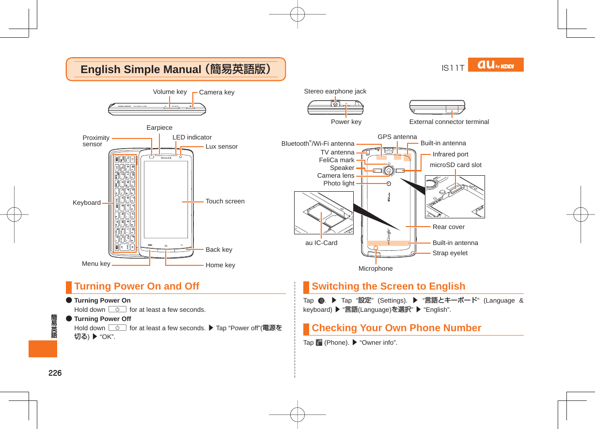 226Turning Power On and Off● Turning Power On Hold down C for at least a few seconds.● Turning Power Off Hold down C for at least a few seconds. ▶ Tap “Power off”(電源を切る) ▶ “OK”.Switching the Screen to EnglishTap  .  ▶ Tap “設定” (Settings). ▶ “言語とキーボード” (Language &amp; keyboard) ▶ “言語(Language)を選択” ▶ “English”.Checking Your Own Phone NumberTap   (Phone). ▶ “Owner info”.English Simple Manual （簡易英語版） IS11TmicroSD card slotRear coverFeliCa markau IC-CardGPS antennaInfrared portCamera lensBuilt-in antennaBuilt-in antennaPhoto lightBluetooth®/Wi-Fi antennaSpeakerTouch screenLED indicatorLux sensorProximity sensorKeyboardEarpieceMenu keyBack keyHome keyStereo earphone jackExternal connector terminalCamera keyPower keyVolume keyMicrophoneStrap eyeletTV antenna