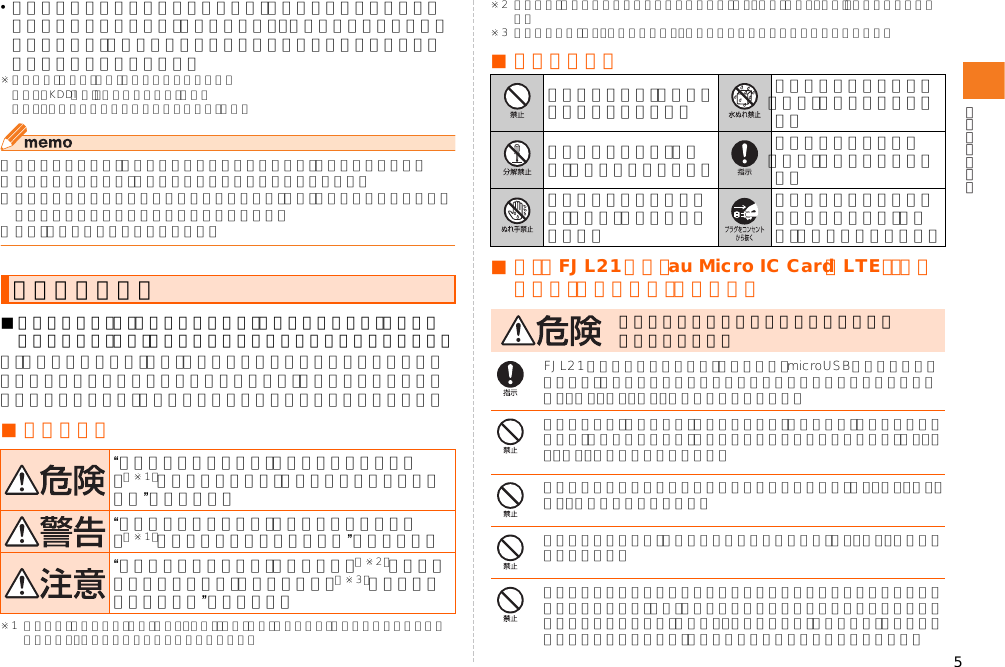 5•お客様ご自身で登録された情報内容は、故障や障害の原因にかかわらず保証いたしかねます。情報内容の変化・消失に伴う損害を最小限にするために、重要な内容は別にメモを取るなどして保管してくださるようお願いいたします。※本書で表す「当社」とは、以下の企業を指します。発売元：KDDI（株）・沖縄セルラー電話（株）製造元：富士通モバイルコミュニケーションズ（株）◎本書の内容の一部、または全部を無断転載することは、禁止されています。◎本書の内容に関して、将来予告なしに変更することがあります。◎本書の内容については万全を期しておりますが、万一、ご不審な点や記載漏れなどお気付きの点がありましたらご連絡ください。◎乱丁、落丁はお取り替えいたします。■ご使用の前に、この「安全上のご注意」をよくお読みの上、正しくお使いください。また、お読みになった後は大切に保管してください。この「安全上のご注意」には、本製品を使用するお客様や他の人々への危害や財産への損害を未然に防止するために、守っていただきたい事項を記載しています。各事項は以下の区分に分けて記載しています。■ 表示の説明※1 重傷とは、失明やけが、やけど（高温・低温）、感電、骨折、中毒などで、後遺症が残るものおよび治療に入院・長期の通院を要するものを指します。※2 傷害とは、治療に入院や長期の通院を要さない、けが・やけど（高温・低温）・感電などを指します。※3 物的損害とは、家屋・家財および家畜・ペットなどにかかわる拡大損害を指します。■ 図記号の説明■共通（FJL21本体、au Micro IC Card（LTE）、電池パック、充電用機器、周辺機器）FJL21に使用する電池パック、充電用機器、microUSBケーブルや変換アダプタ、イヤホン関連機器は必ず指定の周辺機器をご使用ください。発熱・発火・破裂・故障・漏液の原因となります。高温になる場所（火のそば、暖房器具のそば、こたつの中、直射日光の当たる場所、炎天下の車内など）での使用や放置はしないでください。発 火・破裂・故障・火災の原因となります。電子レンジや高圧容器などの中に入れないでください。発 火・破 裂・故 障・火災・傷害の原因となります。火の中に投入したり、加熱したりしないでください。発火・破裂・火災の原因となります。外部接続端子やステレオイヤホン端子および充電端子などをショートさせないでください。また、外部接続端子やステレオイヤホン端子および充電端子などに導電性異物（金属片・鉛筆の芯など）が触れたり、内部に入らないようにしてください。火災や故障の原因となる場合があります。安全上のご注意“取り扱いを誤った場合、使用者が死亡または重傷（※1）を負うことがあり、その切迫の度合いが高いこと”を示します。“取り扱いを誤った場合、使用者が死亡または重傷（※1）を負うことが想定されること”を示します。“取り扱いを誤った場合、使用者が傷害（※2）を負うことが想定されるか、または物的損害（※3）の発生が想定されること”を示します。行ってはいけない（禁止）内容を示しています。水にぬらしてはいけない（禁止）内容を示しています。分解してはいけない（禁止）内容を示しています。必ず実行していただく（強制）内容を示しています。ぬれた手で扱ってはいけない（禁止）内容を示しています。電源プラグをコンセントから抜いていただく（強制）内容を示しています。必ず下記の危険事項をお読みになってからご使用ください。
