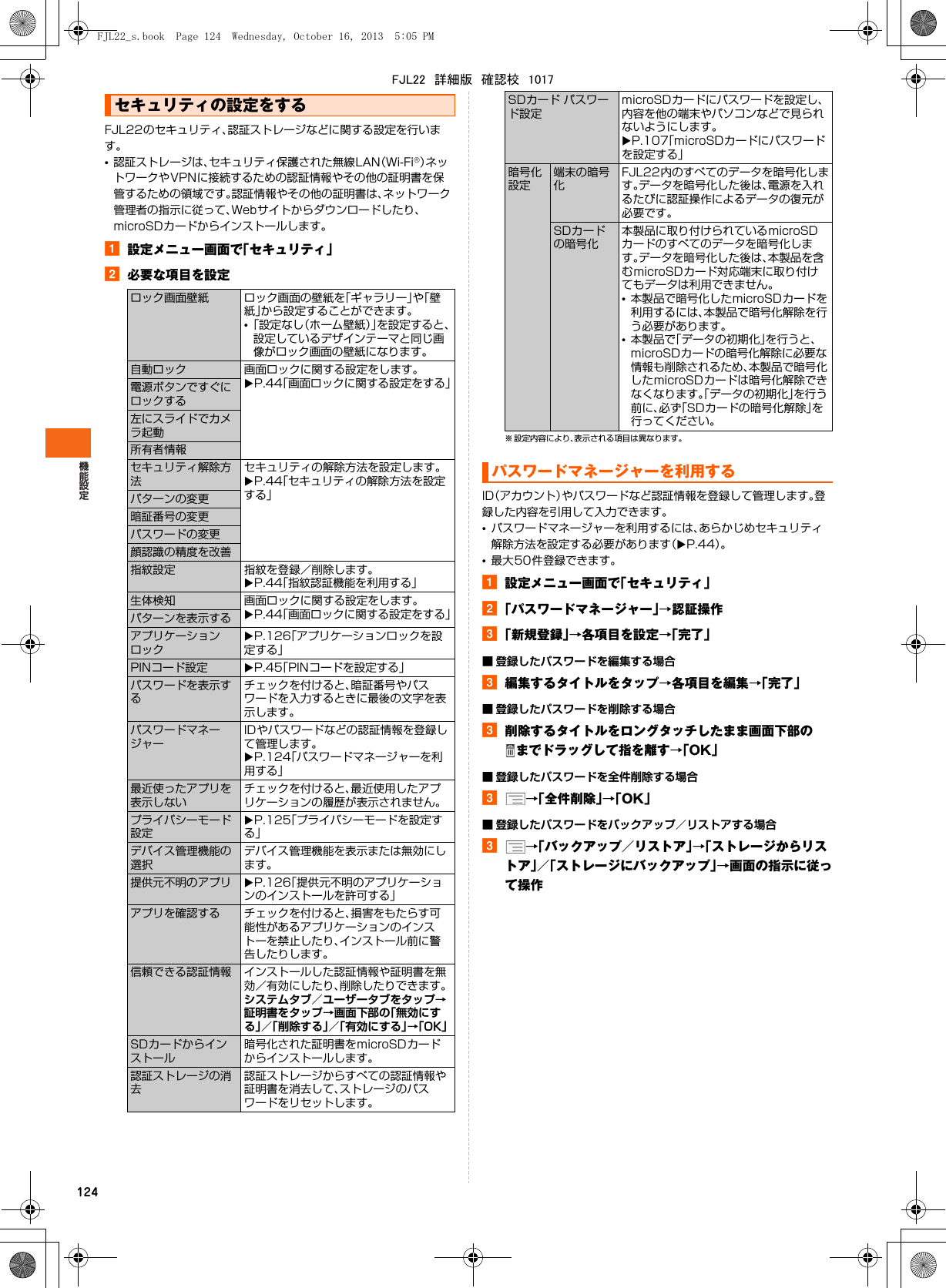 124FJL22のセキュリティ、認証ストレージなどに関する設定を行います。•認証ストレージは、セキュリティ保護された無線LAN（Wi-Fi®）ネットワークやVPNに接続するための認証情報やその他の証明書を保管するための領域です。認証情報やその他の証明書は、ネットワーク管理者の指示に従って、Webサイトからダウンロードしたり、microSDカードからインストールします。a設定メニュー画面で「セキュリティ」b必要な項目を設定※ 設定内容により、表示される項目は異なります。ID（アカウント）やパスワードなど認証情報を登録して管理します。登録した内容を引用して入力できます。•パスワードマネージャーを利用するには、あらかじめセキュリティ解除方法を設定する必要があります（XP.44）。•最大50件登録できます。a設定メニュー画面で「セキュリティ」b「パスワードマネージャー」→認証操作c「新規登録」→各項目を設定→「完了」■ 登録したパスワードを編集する場合c編集するタイトルをタップ→各項目を編集→「完了」■ 登録したパスワードを削除する場合c削除するタイトルをロングタッチしたまま画面下部のまでドラッグして指を離す→「OK」■ 登録したパスワードを全件削除する場合c→「全件削除」→「OK」■ 登録したパスワードをバックアップ／リストアする場合c→「バックアップ／リストア」→「ストレージからリストア」／「ストレージにバックアップ」→画面の指示に従って操作セキュリティの設定をするロック画面壁紙 ロック画面の壁紙を「ギャラリー」や「壁紙」から設定することができます。•「設定なし（ホーム壁紙）」を設定すると、設定しているデザインテーマと同じ画像がロック画面の壁紙になります。自動ロック 画面ロックに関する設定をします。XP.44「画面ロックに関する設定をする」電源ボタンですぐにロックする左にスライドでカメラ起動所有者情報セキュリティ解除方法セキュリティの解除方法を設定します。XP.44「セキュリティの解除方法を設定する」パターンの変更暗証番号の変更パスワードの変更顔認識の精度を改善指紋設定 指紋を登録／削除します。XP.44「指紋認証機能を利用する」生体検知 画面ロックに関する設定をします。XP.44「画面ロックに関する設定をする」パターンを表示するアプリケーションロックXP.126「アプリケーションロックを設定する」PINコード設定 XP.45「PINコードを設定する」パスワードを表示するチェックを付けると、暗証番号やパスワードを入力するときに最後の文字を表示します。パスワードマネージャーIDやパスワードなどの認証情報を登録して管理します。XP.124「パスワードマネージャーを利用する」最近使ったアプリを表示しないチェックを付けると、最近使用したアプリケーションの履歴が表示されません。プライバシーモード設定XP.125「プライバシーモードを設定する」デバイス管理機能の選択デバイス管理機能を表示または無効にします。提供元不明のアプリ XP.126「提供元不明のアプリケーションのインストールを許可する」アプリを確認する チェックを付けると、損害をもたらす可能性があるアプリケーションのインストーを禁止したり、インストール前に警告したりします。信頼できる認証情報 インストールした認証情報や証明書を無効／有効にしたり、削除したりできます。システムタブ／ユーザータブをタップ→証明書をタップ→画面下部の「無効にする」／「削除する」／「有効にする」→「OK」SDカードからインストール暗号化された証明書をmicroSDカードからインストールします。認証ストレージの消去認証ストレージからすべての認証情報や証明書を消去して、ストレージのパスワードをリセットします。SDカード パスワード設定microSDカードにパスワードを設定し、内容を他の端末やパソコンなどで見られないようにします。XP.107「microSDカードにパスワードを設定する」暗号化設定端末の暗号化FJL22内のすべてのデータを暗号化します。データを暗号化した後は、電源を入れるたびに認証操作によるデータの復元が必要です。SDカードの暗号化本製品に取り付けられているmicroSDカードのすべてのデータを暗号化します。データを暗号化した後は、本製品を含むmicroSDカード対応端末に取り付けてもデータは利用できません。•本製品で暗号化したmicroSDカードを利用するには、本製品で暗号化解除を行う必要があります。•本製品で「データの初期化」を行うと、microSDカードの暗号化解除に必要な情報も削除されるため、本製品で暗号化したmicroSDカードは暗号化解除できなくなります。「データの初期化」を行う前に、必ず「SDカードの暗号化解除」を行ってください。パスワードマネージャーを利用するFJL22_s.book  Page 124  Wednesday, October 16, 2013  5:05 PMFJL22　詳細版　確認校　1017