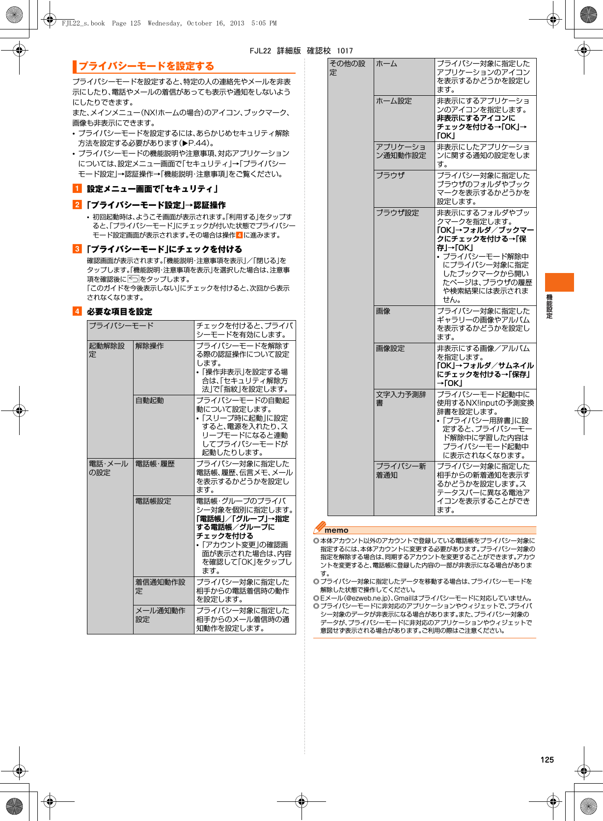 125プライバシーモードを設定すると、特定の人の連絡先やメールを非表示にしたり、電話やメールの着信があっても表示や通知をしないようにしたりできます。また、メインメニュー（NX!ホームの場合）のアイコン、ブックマーク、画像も非表示にできます。•プライバシーモードを設定するには、あらかじめセキュリティ解除方法を設定する必要があります（XP.44）。•プライバシーモードの機能説明や注意事項、対応アプリケーションについては、設定メニュー画面で「セキュリティ」→「プライバシーモード設定」→認証操作→「機能説明・注意事項」をご覧ください。a設定メニュー画面で「セキュリティ」b「プライバシーモード設定」→認証操作•初回起動時は、ようこそ画面が表示されます。「利用する」をタップすると、「プライバシーモード」にチェックが付いた状態でプライバシーモード設定画面が表示されます。その場合は操作dに進みます。c「プライバシーモード」にチェックを付ける確認画面が表示されます。「機能説明・注意事項を表示」／「閉じる」をタップします。「機能説明・注意事項を表示」を選択した場合は、注意事項を確認後に をタップします。「このガイドを今後表示しない」にチェックを付けると、次回から表示されなくなります。d必要な項目を設定◎ 本体アカウント以外のアカウントで登録している電話帳をプライバシー対象に指定するには、本体アカウントに変更する必要があります。プライバシー対象の指定を解除する場合は、同期するアカウントを変更することができます。アカウントを変更すると、電話帳に登録した内容の一部が非表示になる場合があります。◎ プライバシー対象に指定したデータを移動する場合は、プライバシーモードを解除した状態で操作してください。◎ Eメール（@ezweb.ne.jp）、Gmailはプライバシーモードに対応していません。◎ プライバシーモードに非対応のアプリケーションやウィジェットで、プライバシー対象のデータが非表示になる場合があります。また、プライバシー対象のデータが、プライバシーモードに非対応のアプリケーションやウィジェットで意図せず表示される場合があります。ご利用の際はご注意ください。プライバシーモードを設定するプライバシーモード チェックを付けると、プライバシーモードを有効にします。起動解除設定解除操作 プライバシーモードを解除する際の認証操作について設定します。•「操作非表示」を設定する場合は、「セキュリティ解除方法」で「指紋」を設定します。自動起動 プライバシーモードの自動起動について設定します。•「スリープ時に起動」に設定すると、電源を入れたり、スリープモードになると連動してプライバシーモードが起動したりします。電話・メールの設定電話帳・履歴 プライバシー対象に指定した電話帳、履歴、伝言メモ、メールを表示するかどうかを設定します。電話帳設定 電話帳・グループのプライバシー対象を個別に指定します。「電話帳」／「グループ」→指定する電話帳／グループにチェックを付ける•「アカウント変更」の確認画面が表示された場合は、内容を確認して「OK」をタップします。着信通知動作設定プライバシー対象に指定した相手からの電話着信時の動作を設定します。メール通知動作設定プライバシー対象に指定した相手からのメール着信時の通知動作を設定します。その他の設定ホーム プライバシー対象に指定したアプリケーションのアイコンを表示するかどうかを設定します。ホーム設定 非表示にするアプリケーションのアイコンを指定します。非表示にするアイコンにチェックを付ける→「OK」→「OK」アプリケーション通知動作設定非表示にしたアプリケーションに関する通知の設定をします。ブラウザ プライバシー対象に指定したブラウザのフォルダやブックマークを表示するかどうかを設定します。ブラウザ設定 非表示にするフォルダやブックマークを指定します。「OK」→フォルダ／ブックマークにチェックを付ける→「保存」→「OK」•プライバシーモード解除中にプライバシー対象に指定したブックマークから開いたページは、ブラウザの履歴や検索結果には表示されません。画像 プライバシー対象に指定したギャラリーの画像やアルバムを表示するかどうかを設定します。画像設定 非表示にする画像／アルバムを指定します。「OK」→フォルダ／サムネイルにチェックを付ける→「保存」→「OK」文字入力予測辞書プライバシーモード起動中に使用するNX!inputの予測変換辞書を設定します。•「プライバシー用辞書」に設定すると、プライバシーモード解除中に学習した内容はプライバシーモード起動中に表示されなくなります。プライバシー新着通知プライバシー対象に指定した相手からの新着通知を表示するかどうかを設定します。ステータスバーに異なる電池アイコンを表示することができます。FJL22_s.book  Page 125  Wednesday, October 16, 2013  5:05 PMFJL22　詳細版　確認校　1017
