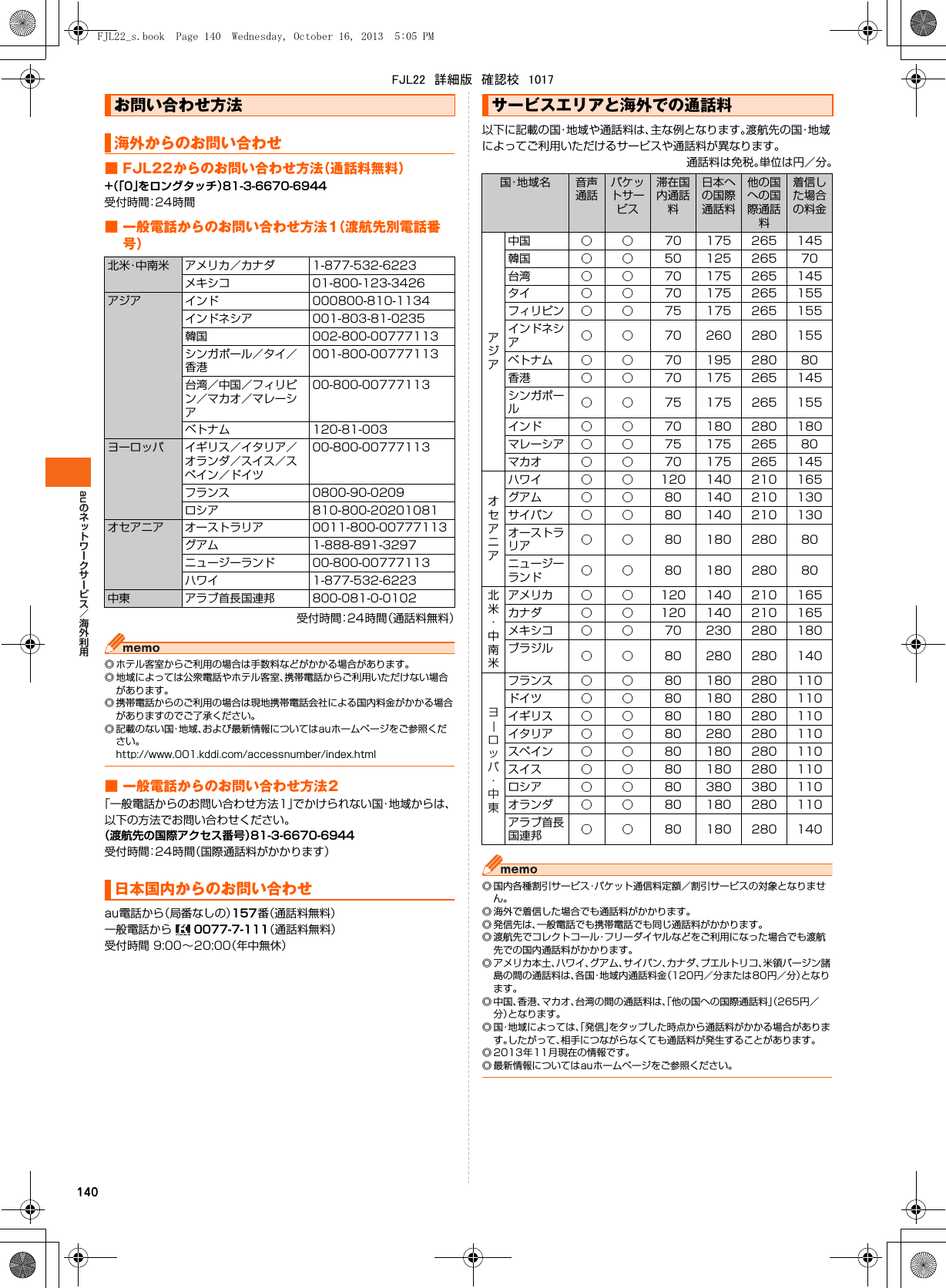 au140■ FJL22からのお問い合わせ方法（通話料無料）+（「0」をロングタッチ）81-3-6670-6944受付時間：24時間■ 一般電話からのお問い合わせ方法1（渡航先別電話番号）受付時間：24時間（通話料無料）◎ ホテル客室からご利用の場合は手数料などがかかる場合があります。◎ 地域によっては公衆電話やホテル客室、携帯電話からご利用いただけない場合があります。◎ 携帯電話からのご利用の場合は現地携帯電話会社による国内料金がかかる場合がありますのでご了承ください。◎ 記載のない国・地域、および最新情報についてはauホームページをご参照ください。http://www.001.kddi.com/accessnumber/index.html■ 一般電話からのお問い合わせ方法2「一般電話からのお問い合わせ方法1」でかけられない国・地域からは、以下の方法でお問い合わせください。（渡航先の国際アクセス番号）81-3-6670-6944受付時間：24時間（国際通話料がかかります）au電話から（局番なしの）157番（通話料無料）一般電話から   0077-7-111（通話料無料）受付時間 9:00∼20:00（年中無休）以下に記載の国・地域や通話料は、主な例となります。渡航先の国・地域によってご利用いただけるサービスや通話料が異なります。通話料は免税。単位は円／分。◎ 国内各種割引サービス・パケット通信料定額／割引サービスの対象となりません。◎ 海外で着信した場合でも通話料がかかります。◎ 発信先は、一般電話でも携帯電話でも同じ通話料がかかります。◎ 渡航先でコレクトコール・フリーダイヤルなどをご利用になった場合でも渡航先での国内通話料がかかります。◎ アメリカ本土、ハワイ、グアム、サイパン、カナダ、プエルトリコ、米領バージン諸島の間の通話料は、各国・地域内通話料金（120円／分または80円／分）となります。◎ 中国、香港、マカオ、台湾の間の通話料は、「他の国への国際通話料」（265円／分）となります。◎ 国・地域によっては、「発信」をタップした時点から通話料がかかる場合があります。したがって、相手につながらなくても通話料が発生することがあります。◎ 2013年11月現在の情報です。◎ 最新情報についてはauホームページをご参照ください。お問い合わせ方法海外からのお問い合わせ北米・中南米 アメリカ／カナダ 1-877-532-6223メキシコ 01-800-123-3426アジア インド 000800-810-1134インドネシア 001-803-81-0235韓国 002-800-00777113シンガポール／タイ／香港001-800-00777113台湾／中国／フィリピン／マカオ／マレーシア00-800-00777113ベトナム 120-81-003ヨーロッパ イギリス／イタリア／オランダ／スイス／スペイン／ドイツ00-800-00777113フランス 0800-90-0209ロシア 810-800-20201081オセアニア オーストラリア 0011-800-00777113グアム 1-888-891-3297ニュージーランド 00-800-00777113ハワイ 1-877-532-6223中東 アラブ首長国連邦 800-081-0-0102日本国内からのお問い合わせサービスエリアと海外での通話料国・地 域 名 音声通話パケットサービス滞在国内通話料日本への国際通話料他の国への国際通話料着信した場合の料金アジア中国 ○ ○ 70 175 265 145韓国 ○ ○ 50 125 265 70台湾 ○ ○ 70 175 265 145タイ ○ ○ 70 175 265 155フィリピン ○ ○ 75 175 265 155インドネシア○ ○ 70 260 280 155ベトナム ○ ○ 70 195 280 80香港 ○ ○ 70 175 265 145シンガポール○ ○ 75 175 265 155インド ○ ○ 70 180 280 180マレーシア ○ ○ 75 175 265 80マカオ ○ ○ 70 175 265 145オセアニアハワイ ○ ○ 120 140 210 165グアム ○ ○ 80 140 210 130サイパン ○ ○ 80 140 210 130オーストラリア ○ ○ 80 180 280 80ニュージーランド ○ ○ 80 180 280 80北米・中南米アメリカ ○ ○ 120 140 210 165カナダ ○ ○ 120 140 210 165メキシコ ○ ○ 70 230 280 180ブラジル ○ ○ 80 280 280 140フランス ○ ○ 80 180 280 110ドイツ ○ ○ 80 180 280 110イギリス ○ ○ 80 180 280 110イタリア ○ ○ 80 280 280 110スペイン ○ ○ 80 180 280 110スイス ○ ○ 80 180 280 110ロシア ○ ○ 80 380 380 110オランダ ○ ○ 80 180 280 110アラブ首長国連邦 ○ ○ 80 180 280 140ヨーロッパ・中東FJL22_s.book  Page 140  Wednesday, October 16, 2013  5:05 PMFJL22　詳細版　確認校　1017