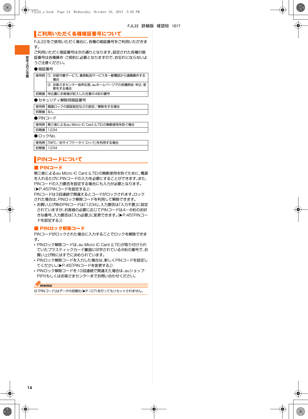14FJL22をご使用いただく場合に、各種の暗証番号をご利用いただきます。ご利用いただく暗証番号は次の通りとなります。設定された各種の暗証番号は各種操作・ご契約に必要となりますので、お忘れにならないようご注意ください。● 暗証番号● セキュリティ解除用暗証番号● PINコード● ロックNo.■ PINコード第三者によるau Micro IC Card (LTE)の無断使用を防ぐために、電源を入れるたびにPINコードの入力を必要にすることができます。また、PINコードの入力要否を設定する場合にも入力が必要となります。（XP.45「PINコードを設定する」）PINコードは3回連続で間違えるとコードがロックされます。ロックされた場合は、PINロック解除コードを利用して解除できます。•お買い上げ時のPINコードは「1234」、入力要否は「入力不要」に設定されていますが、お客様の必要に応じてPINコードは4∼8桁のお好きな番号、入力要否は「入力必要」に変更できます。（XP.45「PINコードを設定する」）■ PINロック解除コードPINコードがロックされた場合に入力することでロックを解除できます。•PINロック解除コードは、au Micro IC Card (LTE)が取り付けられていたプラスティックカード裏面に印字されている8桁の番号で、お買い上げ時にはすでに決められています。•PINロック解除コードを入力した場合は、新しくPINコードを設定してください。（XP.45「PINコードを変更する」）•PINロック解除コードを10回連続で間違えた場合は、auショップ・PiPitもしくはお客さまセンターまでお問い合わせください。◎「PINコード」はデータの初期化（XP.127）を行ってもリセットされません。ご利用いただく各種暗証番号について使用例 ① お留守番サービス、着信転送サービスを一般電話から遠隔操作する場合② お客さまセンター音声応答、auホームページでの各種照会・申込・変更をする場合初期値 申込書にお客様が記入した任意の4桁の番号使用例 画面ロックの認証設定などの設定／解除をする場合初期値 なし使用例 第三者によるau Micro IC Card (LTE)の無断使用を防ぐ場合初期値 1234使用例 「NFC／おサイフケータイ ロック」を利用する場合初期値 1234PINコードについてFJL22_s.book  Page 14  Wednesday, October 16, 2013  5:05 PMFJL22　詳細版　確認校　1017