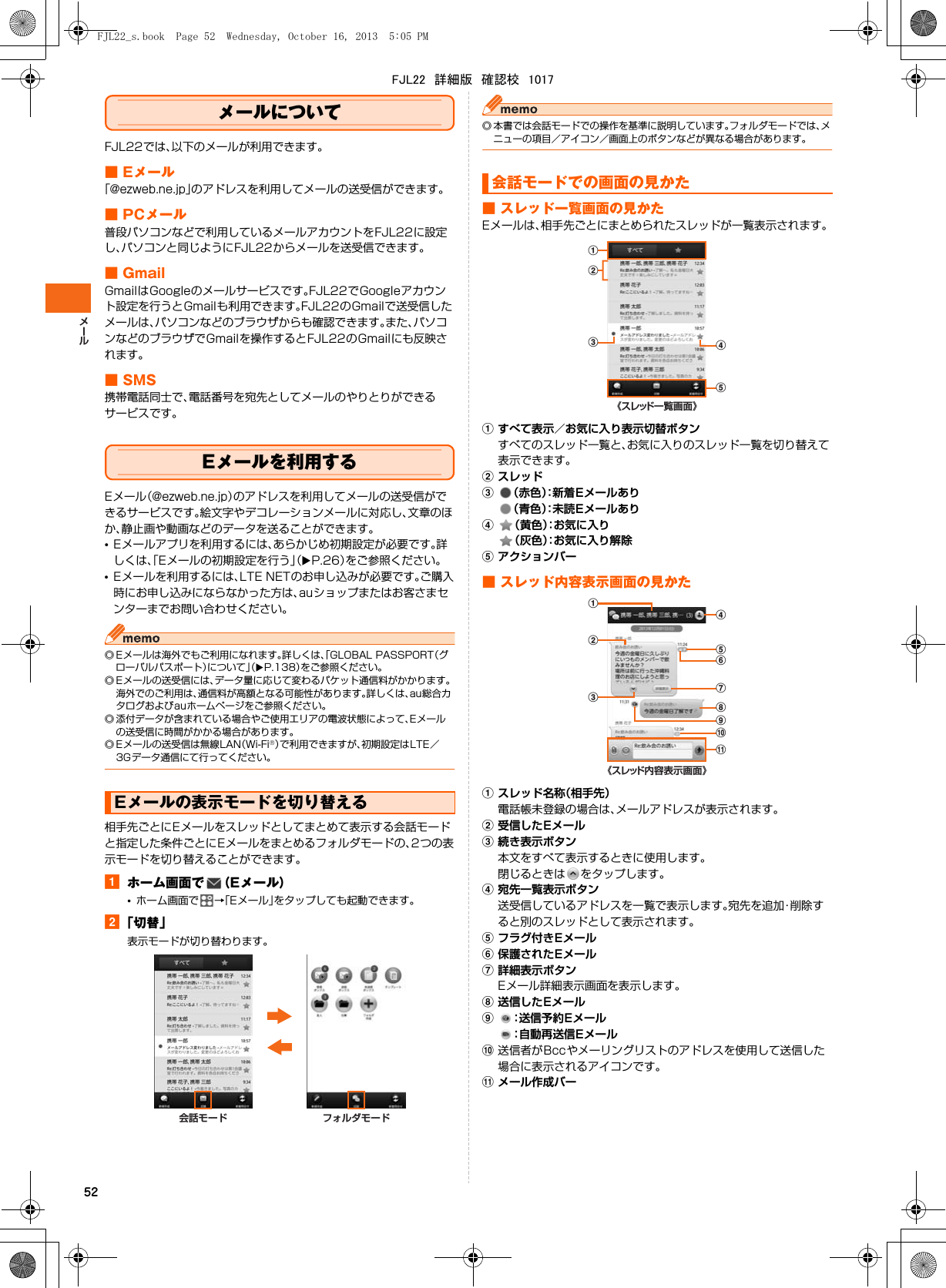 52メールについてFJL22では、以下のメールが利用できます。■ Eメール「@ezweb.ne.jp」のアドレスを利用してメールの送受信ができます。■ PCメール普段パソコンなどで利用しているメールアカウントをFJL22に設定し、パソコンと同じようにFJL22からメールを送受信できます。■GmailGmailはGoogleのメールサービスです。FJL22でGoogleアカウント設定を行うとGmailも利用できます。FJL22のGmailで送受信したメールは、パソコンなどのブラウザからも確認できます。また、パソコンなどのブラウザでGmailを操作するとFJL22のGmailにも反映されます。■SMS携帯電話同士で、電話番号を宛先としてメールのやりとりができるサービスです。Eメールを利用するEメール（@ezweb.ne.jp）のアドレスを利用してメールの送受信ができるサービスです。絵文字やデコレーションメールに対応し、文章のほか、静止画や動画などのデータを送ることができます。•Eメールアプリを利用するには、あらかじめ初期設定が必要です。詳しくは、「Eメールの初期設定を行う」（XP.26）をご参照ください。•Eメールを利用するには、LTE NETのお申し込みが必要です。ご購入時にお申し込みにならなかった方は、auショップまたはお客さまセンターまでお問い合わせください。◎ Eメールは海外でもご利用になれます。詳しくは、「GLOBAL PASSPORT（グローバルパスポート）について」（XP.138）をご参照ください。◎ Eメールの送受信には、データ量に応じて変わるパケット通信料がかかります。海外でのご利用は、通信料が高額となる可能性があります。詳しくは、au総合カタログおよびauホームページをご参照ください。◎ 添付データが含まれている場合やご使用エリアの電波状態によって、Eメールの送受信に時間がかかる場合があります。◎ Eメールの送受信は無線LAN（Wi-Fi®）で利用できますが、初期設定はLTE／3Gデータ通信にて行ってください。相手先ごとにEメールをスレッドとしてまとめて表示する会話モードと指定した条件ごとにEメールをまとめるフォルダモードの、2つの表示モードを切り替えることができます。aホーム画面で （Eメール）•ホーム画面で →「Eメール」をタップしても起動できます。b「切替」表示モードが切り替わります。◎ 本書では会話モードでの操作を基準に説明しています。フォルダモードでは、メニューの項目／アイコン／画面上のボタンなどが異なる場合があります。■ スレッド一覧画面の見かたEメールは、相手先ごとにまとめられたスレッドが一覧表示されます。aすべて表示／お気に入り表示切替ボタンすべてのスレッド一覧と、お気に入りのスレッド一覧を切り替えて表示できます。bスレッドc（赤色）：新着Eメールあり（青色）：未読Eメールありd（黄色）：お気に入り（灰色）：お気に入り解除eアクションバー■ スレッド内容表示画面の見かたaスレッド名称（相手先）電話帳未登録の場合は、メールアドレスが表示されます。b受信したEメールc続き表示ボタン本文をすべて表示するときに使用します。閉じるときは をタップします。d宛先一覧表示ボタン送受信しているアドレスを一覧で表示します。宛先を追加・削除すると別のスレッドとして表示されます。eフラグ付きEメールf保護されたEメールg詳細表示ボタンEメール詳細表示画面を表示します。h送信したEメールi：送信予約Eメール：自動再送信Eメールj送信者がBccやメーリングリストのアドレスを使用して送信した場合に表示されるアイコンです。kメール作成バーEメールの表示モードを切り替えるフォルダモード会話モード会話モードでの画面の見かた《スレッド一覧画面》aebcd《スレッド内容表示画面》kjigfdehbcaFJL22_s.book  Page 52  Wednesday, October 16, 2013  5:05 PMFJL22　詳細版　確認校　1017