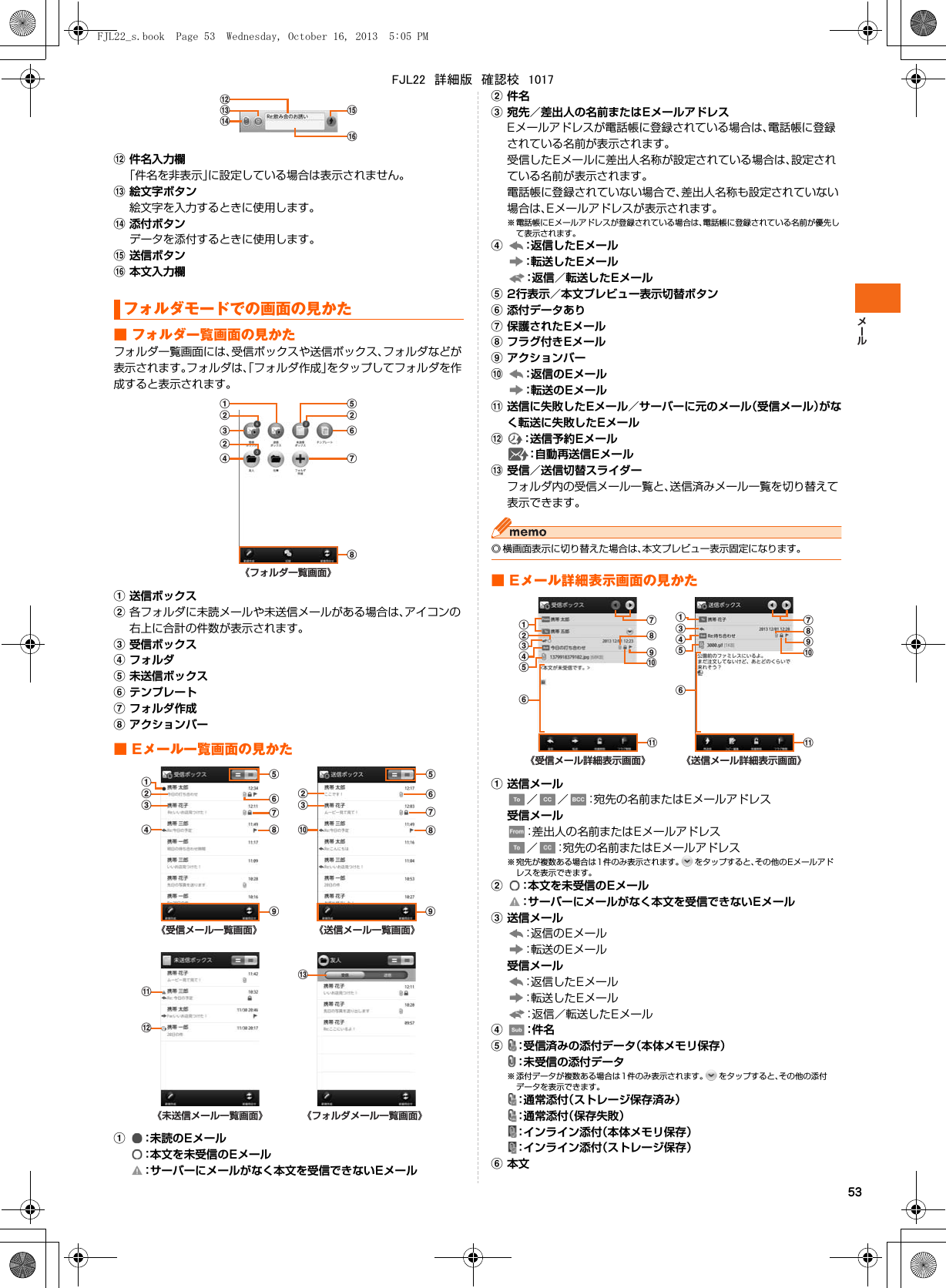 53l件名入力欄「件名を非表示」に設定している場合は表示されません。m絵文字ボタン絵文字を入力するときに使用します。n添付ボタンデータを添付するときに使用します。o送信ボタンp本文入力欄■ フォルダ一覧画面の見かたフォルダ一覧画面には、受信ボックスや送信ボックス、フォルダなどが表示されます。フォルダは、「フォルダ作成」をタップしてフォルダを作成すると表示されます。a送信ボックスb各フォルダに未読メールや未送信メールがある場合は、アイコンの右上に合計の件数が表示されます。c受信ボックスdフォルダe未送信ボックスfテンプレートgフォルダ作成hアクションバー■ Eメール一覧画面の見かたa：未読のEメール：本文を未受信のEメール：サーバーにメールがなく本文を受信できないEメールb件名c宛先／差出人の名前またはEメールアドレスEメールアドレスが電話帳に登録されている場合は、電話帳に登録されている名前が表示されます。受信したEメールに差出人名称が設定されている場合は、設定されている名前が表示されます。電話帳に登録されていない場合で、差出人名称も設定されていない場合は、Eメールアドレスが表示されます。※ 電話帳にEメールアドレスが登録されている場合は、電話帳に登録されている名前が優先して表示されます。d：返信したEメール：転送したEメール：返信／転送したEメールe2行表示／本文プレビュー表示切替ボタンf添付データありg保護されたEメールhフラグ付きEメールiアクションバーj：返信のEメール：転送のEメールk送信に失敗したEメール／サーバーに元のメール（受信メール）がなく転送に失敗したEメールl：送信予約Eメール：自動再送信Eメールm受信／送信切替スライダーフォルダ内の受信メール一覧と、送信済みメール一覧を切り替えて表示できます。◎ 横画面表示に切り替えた場合は、本文プレビュー表示固定になります。■ Eメール詳細表示画面の見かたa送信メール／ ／ ：宛先の名前またはEメールアドレス受信メール：差出人の名前またはEメールアドレス／ ：宛先の名前またはEメールアドレス※ 宛先が複数ある場合は 1件のみ表示されます。 をタップすると、その他の Eメールアドレスを表示できます。b：本文を未受信のEメール：サーバーにメールがなく本文を受信できないEメールc送信メール：返信のEメール：転送のEメール受信メール：返信したEメール：転送したEメール：返信／転送したEメールd：件 名e：受信済みの添付データ（本体メモリ保存）：未受信の添付データ※ 添付データが複数ある場合は 1件のみ表示されます。 をタップすると、その他の添付データを表示できます。：通常添付（ストレージ保存済み）：通常添付（保存失敗）：インライン添付（本体メモリ保存）：インライン添付（ストレージ保存）f本文フォルダモードでの画面の見かたnmlop《フォルダ一覧画面》dcbba ebfgh《送信メール一覧画面》《受信メール一覧画面》bacdefghibcjiegfh《フォルダメール一覧画面》《未送信メール一覧画面》klmbacdegijh《受信メール詳細表示画面》 《送信メール詳細表示画面》facdegijhfk kFJL22_s.book  Page 53  Wednesday, October 16, 2013  5:05 PMFJL22　詳細版　確認校　1017