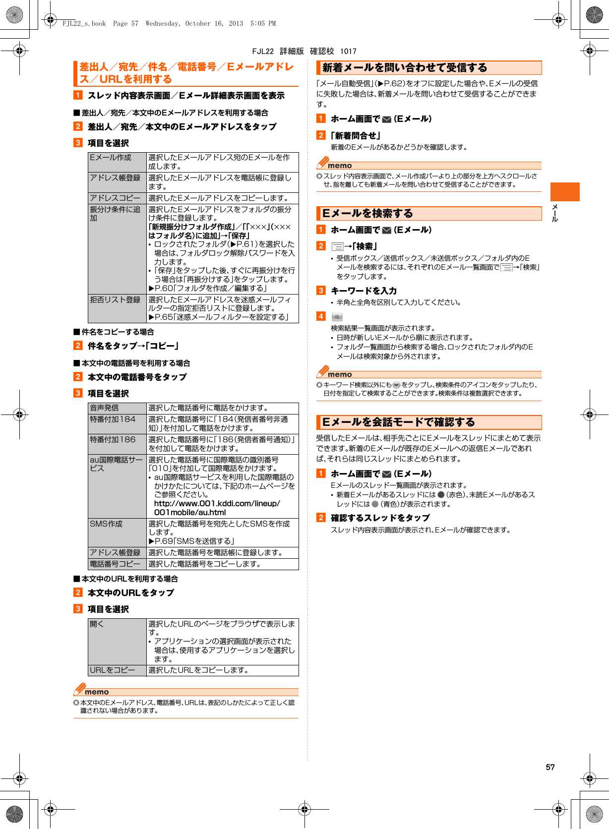 57aスレッド内容表示画面／Eメール詳細表示画面を表示■ 差出人／宛先／本文中のEメールアドレスを利用する場合b差出人／宛先／本文中のEメールアドレスをタップc項目を選択■ 件名をコピーする場合b件名をタップ→「コピー」■ 本文中の電話番号を利用する場合b本文中の電話番号をタップc項目を選択■ 本文中のURLを利用する場合b本文中のURLをタップc項目を選択◎ 本文中のEメールアドレス、電話番号、URLは、表記のしかたによって正しく認識されない場合があります。「メール自動受信」（XP.62）をオフに設定した場合や、Eメールの受信に失敗した場合は、新着メールを問い合わせて受信することができます。aホーム画面で （Eメール）b「新着問合せ」新着のEメールがあるかどうかを確認します。◎ スレッド内容表示画面で、メール作成バーより上の部分を上方へスクロールさせ、指を離しても新着メールを問い合わせて受信することができます。aホーム画面で （Eメール）b→「検索」•受信ボックス／送信ボックス／未送信ボックス／フォルダ内のEメールを検索するには、それぞれのEメール一覧画面で →「検索」をタップします。cキーワードを入力•半角と全角を区別して入力してください。d検索結果一覧画面が表示されます。•日時が新しいEメールから順に表示されます。•フォルダ一覧画面から検索する場合、ロックされたフォルダ内のEメールは検索対象から外されます。◎ キーワード検索以外にも をタップし、検索条件のアイコンをタップしたり、日付を指定して検索することができます。検索条件は複数選択できます。受信したEメールは、相手先ごとにEメールをスレッドにまとめて表示できます。新着のEメールが既存のEメールへの返信Eメールであれば、それらは同じスレッドにまとめられます。aホーム画面で （Eメール）Eメールのスレッド一覧画面が表示されます。•新着Eメールがあるスレッドには （赤色）、未読Eメールがあるスレッドには （青色）が表示されます。b確認するスレッドをタップスレッド内容表示画面が表示され、Eメールが確認できます。差出人／宛先／件名／電話番号／Eメールアドレス／URLを利用するEメール作成 選択したEメールアドレス宛のEメールを作成します。アドレス帳登録 選択したEメールアドレスを電話帳に登録します。アドレスコピー 選択したEメールアドレスをコピーします。振分け条件に追加選択したEメールアドレスをフォルダの振分け条件に登録します。「新規振分けフォルダ作成」／「「×××」（×××はフォルダ名）に追加」→「保存」•ロックされたフォルダ（XP.61）を選択した場合は、フォルダロック解除パスワードを入力します。•「保存」をタップした後、すぐに再振分けを行う場合は「再振分けする」をタップします。XP.60「フォルダを作成／編集する」拒否リスト登録 選択したEメールアドレスを迷惑メールフィルターの指定拒否リストに登録します。XP.65「迷惑メールフィルターを設定する」音声発信 選択した電話番号に電話をかけます。特番付加184 選択した電話番号に「184（発信者番号非通知）」を付加して電話をかけます。特番付加186 選択した電話番号に「186（発信者番号通知）」を付加して電話をかけます。au国際電話サービス選択した電話番号に国際電話の識別番号「010」を付加して国際電話をかけます。•au国際電話サービスを利用した国際電話のかけかたについては、下記のホームページをご参照ください。http://www.001.kddi.com/lineup/001mobile/au.htmlSMS作成 選択した電話番号を宛先としたSMSを作成します。XP.69「SMSを送信する」アドレス帳登録 選択した電話番号を電話帳に登録します。電話番号コピー 選択した電話番号をコピーします。開く 選択したURLのページをブラウザで表示します。•アプリケーションの選択画面が表示された場合は、使用するアプリケーションを選択します。URLをコピー 選択したURLをコピーします。新着メールを問い合わせて受信するEメールを検索するEメールを会話モードで確認するFJL22_s.book  Page 57  Wednesday, October 16, 2013  5:05 PMFJL22　詳細版　確認校　1017