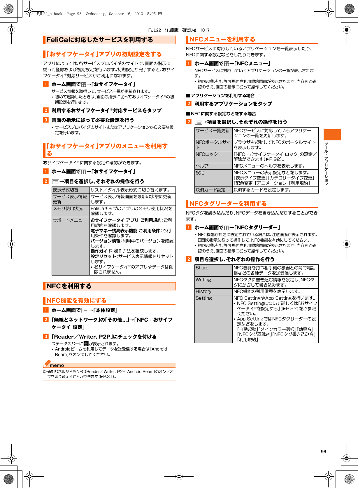 93アプリによっては、各サービスプロバイダのサイトで、画面の指示に従って登録および初期設定を行います。初期設定が完了すると、おサイフケータイ®対応サービスがご利用になれます。aホーム画面で →「おサイフケータイ」サービス情報を取得して、サービス一覧が更新されます。•初めて起動したときは、画面の指示に従っておサイフケータイ®の初期設定を行います。b利用するおサイフケータイ®対応サービスをタップc画面の指示に従って必要な設定を行う•サービスプロバイダのサイトまたはアプリケーションから必要な設定を行います。おサイフケータイ®に関する設定や確認ができます。aホーム画面で →「おサイフケータイ」b→項目を選択し、それぞれの操作を行うaホーム画面で →「本体設定」b「無線とネットワーク」の「その他...」→「NFC／おサイフケータイ 設定」c「Reader／Writer, P2P」にチェックを付けるステータスバーに が表示されます。•Androidビームを利用してデータを送受信する場合は「Android Beam」をオンにしてください。◎ 通知パネルからもNFC（Reader／Writer, P2P、Android Beam）のオン／オフを切り替えることができます（XP.31）。NFCサービスに対応しているアプリケーションを一覧表示したり、NFCに関する設定などをしたりできます。aホーム画面で →「NFCメニュー」NFCサービスに対応しているアプリケーションの一覧が表示されます。•初回起動時は、許可画面や利用規約画面が表示されます。内容をご確認のうえ、画面の指示に従って操作してください。■ アプリケーションを利用する場合b利用するアプリケーションをタップ■ NFCに関する設定などをする場合b→項目を選択し、それぞれの操作を行うNFCタグを読み込んだり、NFCデータを書き込んだりすることができます。aホーム画面で →「NFCタグリーダー」•NFC機能が無効に設定されている場合は、注意画面が表示されます。画面の指示に従って操作して、NFC機能を有効にしてください。•初回起動時は、許可画面や利用規約画面が表示されます。内容をご確認のうえ、画面の指示に従って操作してください。b項目を選択し、それぞれの操作を行うFeliCaに対応したサービスを利用する「おサイフケータイ」アプリの初期設定をする「おサイフケータイ」アプリのメニューを利用する表示形式切替 リスト／タイル表示形式に切り替えます。サービス表示情報更新サービス表示情報画面を最新の状態に更新します。メモリ使用状況 FeliCaチップのアプリのメモリ使用状況を確認します。サポートメニュー おサイフケータイ アプリ ご利用規約：ご利用規約を確認します。電子マネー残高表示機能 ご利用条件：ご利用条件を確認します。バージョン情報：利用中のバージョンを確認します。操作ガイド：操作方法を確認します。設定リセット：サービス表示情報をリセットします。•おサイフケータイ®のアプリやデータは削除されません。NFCを利用するNFC機能を有効にするNFCメニューを利用するサービス一覧更新 NFCサービスに対応しているアプリケーションの一覧を更新します。NFCポータルサイトブラウザを起動してNFCのポータルサイトを表示します。NFCロック 「NFC／おサイフケータイ ロック」の設定／解除ができます（XP.92）。ヘルプ NFCメニューのヘルプを表示します。設定 NFCメニューの表示設定などをします。「表示タイプ変更」「カテゴリータイプ変更」「配色変更」「アニメーション」「利用規約」決済カード設定 決済するカードを設定します。NFCタグリーダーを利用するShare NFC機能を持つ相手側の機器との間で電話帳などの各種データを送受信します。Writing NFCタグに書き込む情報を設定し、NFCタグにかざして書き込みます。History NFC機能の利用履歴を表示します。Setting NFC SettingやApp Settingを行います。•NFC Settingについて詳しくは「おサイフケータイ®を設定する」（XP.92）をご参照ください。•App SettingではNFCタグリーダーの設定などをします。「自動起動」「メインカラー選択」「効果音」「NFCタグ認識音」「NFCタグ書き込み音」「利用規約」FJL22_s.book  Page 93  Wednesday, October 16, 2013  5:05 PMFJL22　詳細版　確認校　1017