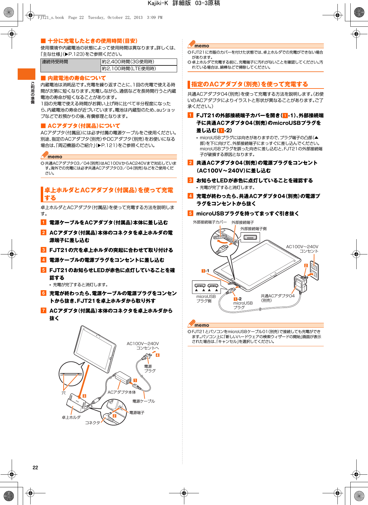 22■ 十分に充電したときの使用時間（目安）使用環境や内蔵電池の状態によって使用時間は異なります。詳しくは、「主な仕様」（XP.123）をご参照ください。■ 内蔵電池の寿命について内蔵電池は消耗品です。充電を繰り返すごとに、1回の充電で使える時間が次第に短くなります。充電しながら、通信などを長時間行うと内蔵電池の寿命が短くなることがあります。1回の充電で使える時間がお買い上げ時に比べて半分程度になったら、内蔵電池の寿命が近づいています。電池は内蔵型のため、auショップなどでお預かりの後、有償修理となります。■ ACアダプタ（付属品）についてACアダプタ（付属品）には必ず付属の電源ケーブルをご使用ください。別途、指定のACアダプタ（別売）やDCアダプタ（別売）をお使いになる場合は、「周辺機器のご紹介」（XP.121）をご参照ください。◎ 共通ACアダプタ03／04（別売）はAC100VからAC240Vまで対応しています。海外での充電には必ず共通ACアダプタ03／04（別売）などをご使用ください。卓上ホルダとACアダプタ（付属品）を使って充電する方法を説明します。a電源ケーブルをACアダプタ（付属品）本体に差し込むbACアダプタ（付属品）本体のコネクタを卓上ホルダの電源端子に差し込むcFJT21の穴を卓上ホルダの突起に合わせて取り付けるd電源ケーブルの電源プラグをコンセントに差し込むeFJT21のお知らせLEDが赤色に点灯していることを確認する•充電が完了すると消灯します。f充電が終わったら、電源ケーブルの電源プラグをコンセントから抜き、FJT21を卓上ホルダから取り外すgACアダプタ（付属品）本体のコネクタを卓上ホルダから抜く◎ FJT21に市販のカバーを付けた状態では、卓上ホルダでの充電ができない場合があります。◎ 卓上ホルダで充電する前に、充電端子に汚れがないことを確認してください。汚れている場合は、綿棒などで掃除してください。共通ACアダプタ04（別売）を使って充電する方法を説明します。（お使いのACアダプタによりイラストと形状が異なることがあります。ご了承ください。）aFJT21の外部接続端子カバーを開き（a-1）、外部接続端子に共通ACアダプタ04（別売）のmicroUSBプラグを差し込む（a-2）•microUSBプラグには向きがありますので、プラグ端子の凸部（▲部）を下に向けて、外部接続端子にまっすぐに差し込んでください。microUSBプラグを誤った向きに差し込むと、FJT21の外部接続端子が破損する原因となります。b共通ACアダプタ04（別売）の電源プラグをコンセント（AC100V∼240V）に差し込むcお知らせLEDが赤色に点灯していることを確認する•充電が完了すると消灯します。d充電が終わったら、共通ACアダプタ04（別売）の電源プラグをコンセントから抜くemicroUSBプラグを持ってまっすぐ引き抜く◎ FJT21とパソコンをmicroUSBケーブル01（別売）で接続しても充電ができます。パソコン上に「新しいハードウェアの検索ウィザードの開始」画面が表示された場合は、「キャンセル」を選択してください。連続待受時間 約2,400時間（3G使用時）約2,100時間（LTE使用時）卓上ホルダとACアダプタ（付属品）を使って充電するAC100V∼240Vコンセントへ卓上ホルダ穴電源端子電源プラグコネクタACアダプタ本体電源ケーブル指定のACアダプタ（別売）を使って充電するAC100V∼240Vコンセント共通ACアダプタ04（別売）microUSBプラグmicroUSBプラグ側外部接続端子外部接続端子カバー-2-1外部接続端子側FJT21_s.book  Page 22  Tuesday, October 22, 2013  3:09 PMKajiki-K　詳細版　03-3原稿