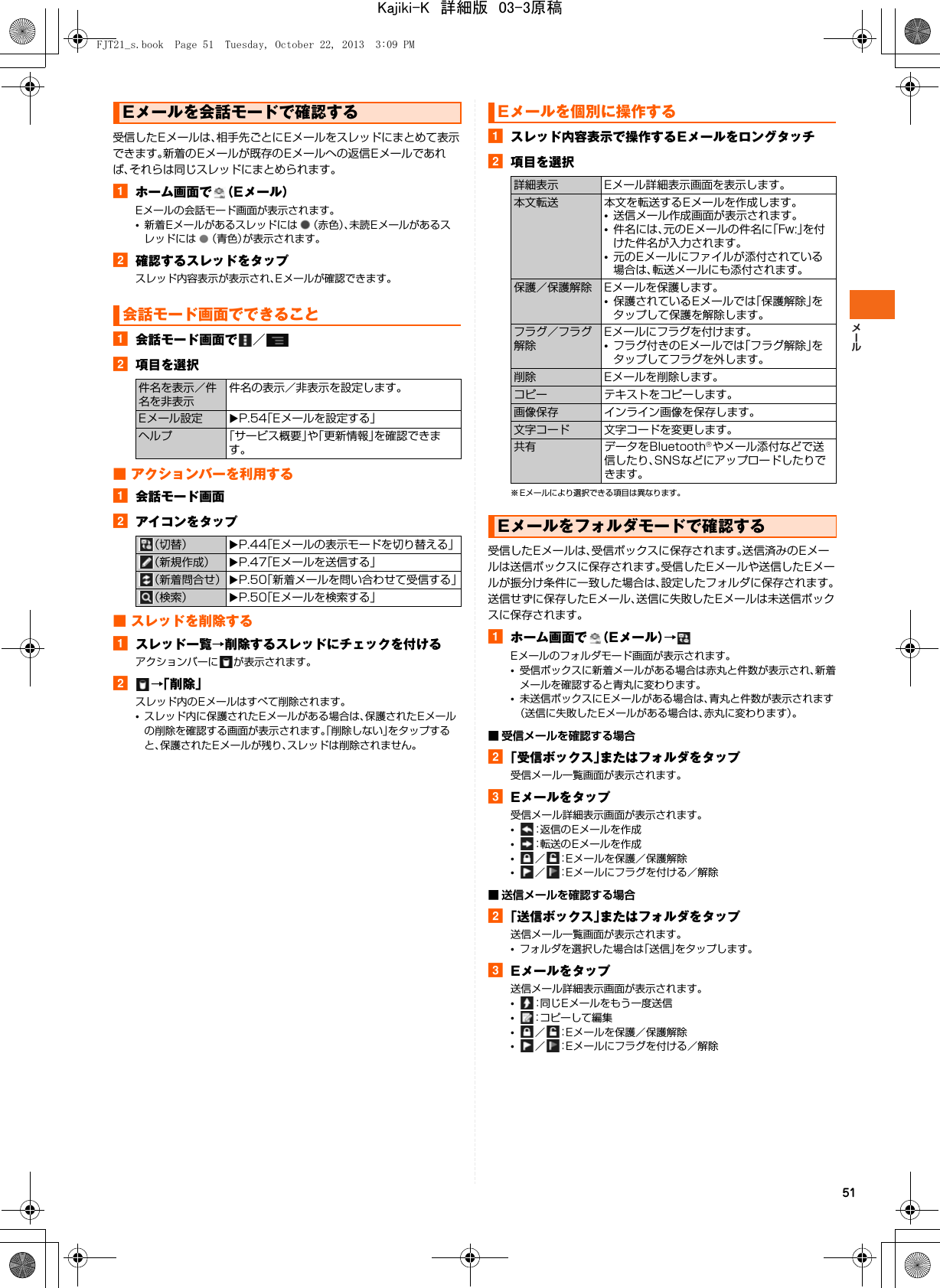 51受信したEメールは、相手先ごとにEメールをスレッドにまとめて表示できます。新着のEメールが既存のEメールへの返信Eメールであれば、それらは同じスレッドにまとめられます。aホーム画面で （Eメール）Eメールの会話モード画面が表示されます。•新着Eメールがあるスレッドには （赤色）、未読Eメールがあるスレッドには （青色）が表示されます。b確認するスレッドをタップスレッド内容表示が表示され、Eメールが確認できます。a会話モード画面で ／b項目を選択■ アクションバーを利用するa会話モード画面bアイコンをタップ■ スレッドを削除するaスレッド一覧→削除するスレッドにチェックを付けるアクションバーに が表示されます。b→「削除」スレッド内のEメールはすべて削除されます。•スレッド内に保護されたEメールがある場合は、保護されたEメールの削除を確認する画面が表示されます。「削除しない」をタップすると、保護されたEメールが残り、スレッドは削除されません。aスレッド内容表示で操作するEメールをロングタッチb項目を選択※ Eメールにより選択できる項目は異なります。受信したEメールは、受信ボックスに保存されます。送信済みのEメールは送信ボックスに保存されます。受信したEメールや送信したEメールが振分け条件に一致した場合は、設定したフォルダに保存されます。送信せずに保存したEメール、送信に失敗したEメールは未送信ボックスに保存されます。aホーム画面で （Eメール）→Eメールのフォルダモード画面が表示されます。•受信ボックスに新着メールがある場合は赤丸と件数が表示され、新着メールを確認すると青丸に変わります。•未送信ボックスにEメールがある場合は、青丸と件数が表示されます（送信に失敗したEメールがある場合は、赤丸に変わります）。■ 受信メールを確認する場合b「受信ボックス」またはフォルダをタップ受信メール一覧画面が表示されます。cEメールをタップ受信メール詳細表示画面が表示されます。•：返信のEメールを作成•：転送のEメールを作成•／ ：Eメールを保護／保護解除•／ ：Eメールにフラグを付ける／解除■ 送信メールを確認する場合b「送信ボックス」またはフォルダをタップ送信メール一覧画面が表示されます。•フォルダを選択した場合は「送信」をタップします。cEメールをタップ送信メール詳細表示画面が表示されます。•：同じEメールをもう一度送信•：コピーして編集•／ ：Eメールを保護／保護解除•／ ：Eメールにフラグを付ける／解除Eメールを会話モードで確認する会話モード画面でできること件名を表示／件名を非表示件名の表示／非表示を設定します。Eメール設定 XP.54「Eメールを設定する」ヘルプ 「サービス概要」や「更新情報」を確認できます。（切替） XP.44「Eメールの表示モードを切り替える」（新規作成） XP.47「Eメールを送信する」（新着問合せ） XP.50「新着メールを問い合わせて受信する」（検索） XP.50「Eメールを検索する」Eメールを個別に操作する詳細表示 Eメール詳細表示画面を表示します。本文転送 本文を転送するEメールを作成します。•送信メール作成画面が表示されます。•件名には、元のEメールの件名に「Fw:」を付けた件名が入力されます。•元のEメールにファイルが添付されている場合は、転送メールにも添付されます。保護／保護解除 Eメールを保護します。•保護されているEメールでは「保護解除」をタップして保護を解除します。フラグ／フラグ解除Eメールにフラグを付けます。•フラグ付きのEメールでは「フラグ解除」をタップしてフラグを外します。削除 Eメールを削除します。コピー テキストをコピーします。画像保存 インライン画像を保存します。文字コード 文字コードを変更します。共有 データをBluetooth®やメール添付などで送信したり、SNSなどにアップロードしたりできます。Eメールをフォルダモードで確認するFJT21_s.book  Page 51  Tuesday, October 22, 2013  3:09 PMKajiki-K　詳細版　03-3原稿