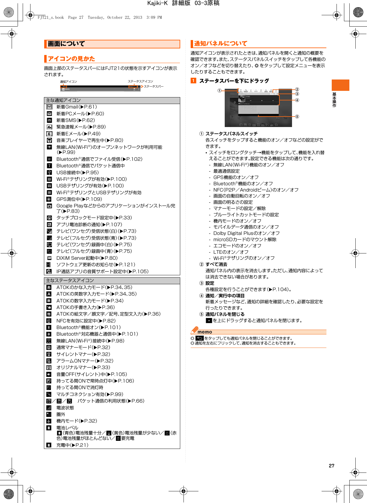 27画面上部のステータスバーにはFJT21の状態を示すアイコンが表示されます。通知アイコンが表示されたときは、通知パネルを開くと通知の概要を確認できます。また、ステータスパネルスイッチをタップして各機能のオン／オフなどを切り替えたり、 をタップして設定メニューを表示したりすることもできます。aステータスバーを下にドラッグaステータスパネルスイッチ各スイッチをタップすると機能のオン／オフなどの設定ができます。•スイッチをロングタッチ→機能をタップして、機能を入れ替えることができます。設定できる機能は次の通りです。-無線LAN（Wi-Fi®）機能のオン／オフ- 最適通信設定- GPS機能のオン／オフ- Bluetooth®機能のオン／オフ-NFC（P2P／Androidビーム）のオン／オフ- 画面の自動回転のオン／オフ- 画面の明るさの設定- マナーモードの設定／解除- ブルーライトカットモードの設定- 機内モードのオン／オフ- モバイルデータ通信のオン／オフ- Dolby Digital Plusのオン／オフ- microSDカードのマウント解除- エコモードのオン／オフ- LTEのオン／オフ-Wi-Fi®テザリングのオン／オフbすべて消去通知パネル内の表示を消去します。ただし、通知内容によっては消去できない場合があります。c設定各種設定を行うことができます（XP.104）。d通知／実行中の項目新着メッセージなど、通知の詳細を確認したり、必要な設定を行ったりできます。e通知パネルを閉じるを上にドラッグすると通知パネルを閉じます。◎ をタップしても通知パネルを閉じることができます。◎ 通知を左右にフリックして、通知を消去することもできます。画面についてアイコンの見かた主な通知アイコン新着Gmail（XP.61）新着PCメール（XP.60）新着SMS（XP.62）緊急速報メール（XP.89）新着Eメール（XP.49）音楽プレイヤーで再生中（XP.80）無線LAN（Wi-Fi®）のオープンネットワークが利用可能（XP.99）Bluetooth®通信でファイル受信（XP.102）Bluetooth®通信でパケット通信中USB接続中（XP.95）Wi-Fi®テザリングが有効（XP.100）USBテザリングが有効（XP.100）Wi-Fi®テザリングとUSBテザリングが有効GPS測位中（XP.109）Google Playなどからのアプリケーションがインストール完了（XP.83）タッチブロックモード設定中（XP.33）アプリ電池診断の通知（XP.107）テレビ（ワンセグ）受信状態（白）（XP.73）テレビ（フルセグ）受信状態（青）（XP.73）テレビ（ワンセグ）録画中（白）（XP.75）テレビ（フルセグ）録画中（青）（XP.75）DiXiM Server起動中（XP.80）ソフトウェア更新のお知らせ（XP.121）IP通話アプリの音質サポート設定中（XP.105）主なステータスアイコンATOKのかな入力モード（XP.34、35）ATOKの英数字入力モード（XP.34、35）ATOKの数字入力モード（XP.34）ATOKの手書き入力（XP.36）ATOKの絵文字／顔文字／記号、定型文入力（XP.36）NFCを有効に設定中（XP.82）Bluetooth®機能オン（XP.101）Bluetooth®対応機器と通信中（XP.101）無線LAN（Wi-Fi®）接続中（XP.98）通常マナーモード（XP.32）サイレントマナー（XP.32）アラームONマナー（XP.32）オリジナルマナー（XP.33）音量OFF（サイレント）中（XP.105）持ってる間ONで常時点灯中（XP.106）持ってる間ONで消灯時マルチコネクション有効（XP.99）／ ／ パケット通信の利用状態（XP.66）電波状態圏外機内モード（XP.32）電池レベル（青色）電池残量十分／ （黄色）電池残量が少ない／ （赤色）電池残量がほとんどない／ 要充電充電中（XP.21）ステータスアイコン通知アイコンステータスバー通知パネルについてedcbaFJT21_s.book  Page 27  Tuesday, October 22, 2013  3:09 PMKajiki-K　詳細版　03-3原稿