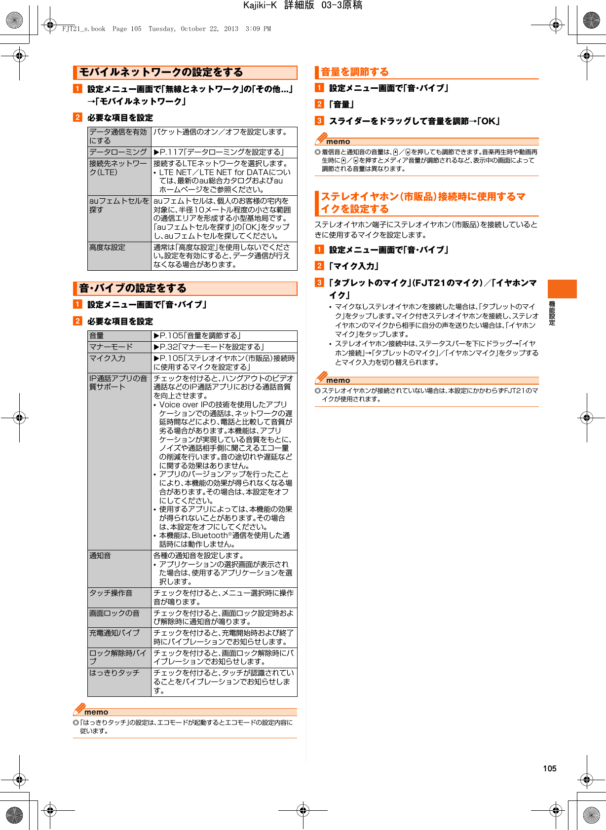 105a設定メニュー画面で「無線とネットワーク」の「その他...」→「モバイルネットワーク」b必要な項目を設定a設定メニュー画面で「音・バイブ」b必要な項目を設定◎「はっきりタッチ」の設定は、エコモードが起動するとエコモードの設定内容に従います。a設定メニュー画面で「 音・バ イ ブ 」b「音量」cスライダーをドラッグして音量を調節→「OK」◎ 着信音と通知音の音量は、U／Dを押しても調節できます。音楽再生時や動画再生時にU／Dを押すとメディア音量が調節されるなど、表示中の画面によって調節される音量は異なります。ステレオイヤホン端子にステレオイヤホン（市販品）を接続しているときに使用するマイクを設定します。a設定メニュー画面で「 音・バ イ ブ 」b「マイク入力」c「タブレットのマイク」（FJT21のマイク）／「イヤホンマイク」•マイクなしステレオイヤホンを接続した場合は、「タブレットのマイク」をタップします。マイク付きステレオイヤホンを接続し、ステレオイヤホンのマイクから相手に自分の声を送りたい場合は、「イヤホンマイク」をタップします。•ステレオイヤホン接続中は、ステータスバーを下にドラッグ→「イヤホン接続」→「タブレットのマイク」／「イヤホンマイク」をタップするとマイク入力を切り替えられます。◎ ステレオイヤホンが接続されていない場合は、本設定にかかわらずFJT21のマイクが使用されます。モバイルネットワークの設定をするデータ通信を有効にするパケット通信のオン／オフを設定します。データローミング XP.117「データローミングを設定する」接続先ネットワーク（LTE）接続するLTEネットワークを選択します。•LTE NET／LTE NET for DATAについては、最新のau総合カタログおよびauホームページをご参照ください。auフェムトセルを探すauフェムトセルは、個人のお客様の宅内を対象に、半径10メートル程度の小さな範囲の通信エリアを形成する小型基地局です。「auフェムトセルを探す」の「OK」をタップし、auフェムトセルを探してください。高度な設定 通常は「高度な設定」を使用しないでください。設定を有効にすると、データ通信が行えなくなる場合があります。音・バイブの設定をする音量 XP.105「音量を調節する」マナーモード XP.32「マナーモードを設定する」マイク入力 XP.105「ステレオイヤホン（市販品）接続時に使用するマイクを設定する」IP通話アプリの音質サポートチェックを付けると、ハングアウトのビデオ通話などのIP通話アプリにおける通話音質を向上させます。•Voice over IPの技術を使用したアプリケーションでの通話は、ネットワークの遅延時間などにより、電話と比較して音質が劣る場合があります。本機能は、アプリケーションが実現している音質をもとに、ノイズや通話相手側に聞こえるエコー量の削減を行います。音の途切れや遅延などに関する効果はありません。•アプリのバージョンアップを行ったことにより、本機能の効果が得られなくなる場合があります。その場合は、本設定をオフにしてください。•使用するアプリによっては、本機能の効果が得られないことがあります。その場合は、本設定をオフにしてください。•本機能は、Bluetooth®通信を使用した通話時には動作しません。通知音 各種の通知音を設定します。•アプリケーションの選択画面が表示された場合は、使用するアプリケーションを選択します。タッチ操作音 チェックを付けると、メニュー選択時に操作音が鳴ります。画面ロックの音 チェックを付けると、画面ロック設定時および解除時に通知音が鳴ります。充電通知バイブ チェックを付けると、充電開始時および終了時にバイブレーションでお知らせします。ロック解除時バイブチェックを付けると、画面ロック解除時にバイブレーションでお知らせします。はっきりタッチ チェックを付けると、タッチが認識されていることをバイブレーションでお知らせします。音量を調節するステレオイヤホン（市販品）接続時に使用するマイクを設定するFJT21_s.book  Page 105  Tuesday, October 22, 2013  3:09 PMKajiki-K　詳細版　03-3原稿
