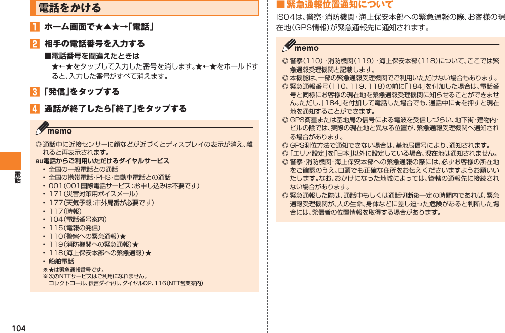 104電話をかける󱈠  ホーム画面で★▲★→「電話」󱈢  相手の電話番号を入力する■電話番号を間違えたときは★←★をタップして入力した番号を消します。★←★をホールドすると、入力した番号がすべて消えます。󱈤 「発信」をタップする󱈦  通話が終了したら「終了」をタップする◎ 通話中に近接センサーに顔などが近づくとディスプレイの表示が消え、離れると再表示されます。au電話からご利用いただけるダイヤルサービス•  全国の一般電話との通話•  全国の携帯電話・PHS・自動車電話との通話•  001（001国際電話サービス：お申し込みは不要です）•  171（災害対策用ボイスメール）•  177（天気予報：市外局番が必要です）•  117（時報）•  104（電話番号案内）•  115（電報の発信）•  110（警察への緊急通報）★•  119（消防機関への緊急通報）★•  118（海上保安本部への緊急通報）★•  船舶電話※ ★は緊急通報番号です。※ 次のNTTサービスはご利用になれません。  コレクトコール、伝言ダイヤル、ダイヤルQ2、116（NTT営業案内）■ 緊急通報位置通知についてIS04は、警察・消防機関・海上保安本部への緊急通報の際、お客様の現在地（GPS情報）が緊急通報先に通知されます。◎ 警察（110）・消防機関（119）・海上保安本部（118）について、ここでは緊急通報受理機関と記載します。◎ 本機能は、一部の緊急通報受理機関でご利用いただけない場合もあります。◎ 緊急通報番号（110、119、118）の前に「184」を付加した場合は、電話番号と同様にお客様の現在地を緊急通報受理機関に知らせることができません。ただし、「184」を付加して電話した場合でも、通話中に★を押すと現在地を通知することができます。◎ GPS衛星または基地局の信号による電波を受信しづらい、地下街・建物内・ビルの陰では、実際の現在地と異なる位置が、緊急通報受理機関へ通知される場合があります。◎ GPS測位方法で通知できない場合は、基地局信号により、通知されます。◎ 「エリア設定」を「日本」以外に設定している場合、現在地は通知されません。◎ 警察・消防機関・海上保安本部への緊急通報の際には、必ずお客様の所在地をご確認のうえ、口頭でも正確な住所をお伝えくださいますようお願いいたします。なお、おかけになった地域によっては、管轄の通報先に接続されない場合があります。◎ 緊急通報した際は、通話中もしくは通話切断後一定の時間内であれば、緊急通報受理機関が、人の生命、身体などに差し迫った危険があると判断した場合には、発信者の位置情報を取得する場合があります。