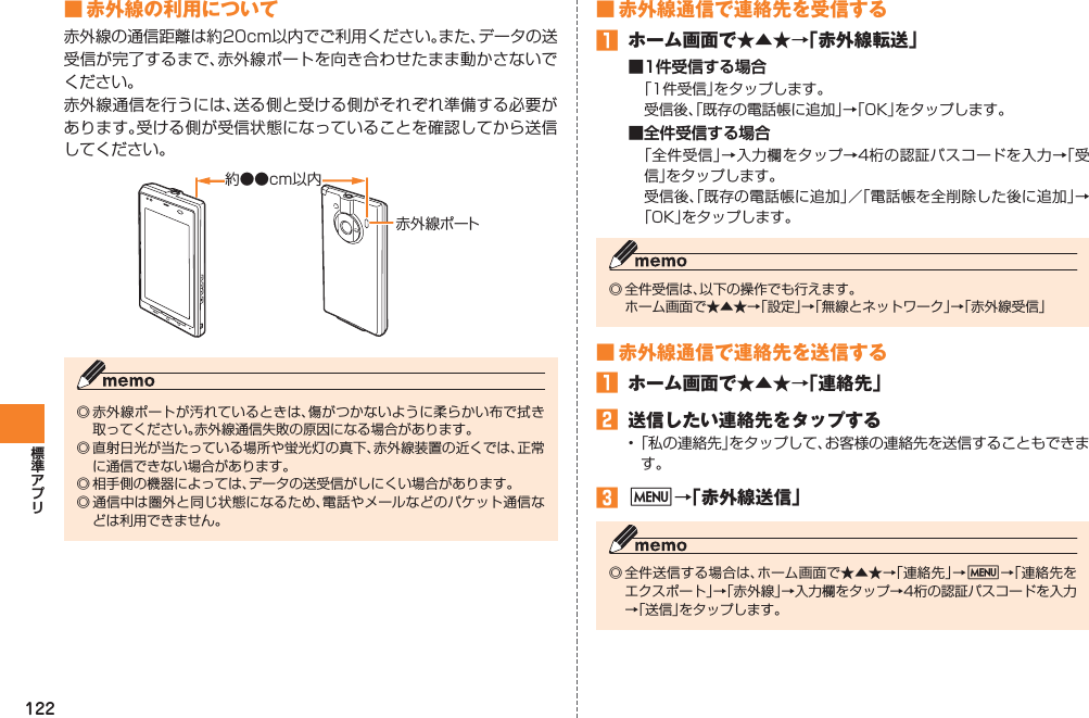 122■ 赤外線の利用について赤外線の通信距離は約20cm以内でご利用ください。また、データの送受信が完了するまで、赤外線ポートを向き合わせたまま動かさないでください。赤外線通信を行うには、送る側と受ける側がそれぞれ準備する必要があります。受ける側が受信状態になっていることを確認してから送信してください。◎ 赤外線ポートが汚れているときは、傷がつかないように柔らかい布で拭き取ってください。赤外線通信失敗の原因になる場合があります。◎ 直射日光が当たっている場所や蛍光灯の真下、赤外線装置の近くでは、正常に通信できない場合があります。◎ 相手側の機器によっては、データの送受信がしにくい場合があります。◎ 通信中は圏外と同じ状態になるため、電話やメールなどのパケット通信などは利用できません。赤外線ポート約●●cm以内■ 赤外線通信で連絡先を受信する󱈠  ホーム画面で★▲★→「赤外線転送」■1件受信する場合「1件受信」をタップします。受信後、「既存の電話帳に追加」→「OK」をタップします。■全件受信する場合「全件受信」→入力欄をタップ→4桁の認証パスコードを入力→「受信」をタップします。受信後、「既存の電話帳に追加」／「電話帳を全削除した後に追加」→「OK」をタップします。◎ 全件受信は、以下の操作でも行えます。  ホーム画面で★▲★→「設定」→「無線とネットワーク」→「赤外線受信」■ 赤外線通信で連絡先を送信する󱈠  ホーム画面で★▲★→「連絡先」󱈢  送信したい連絡先をタップする• 「私の連絡先」をタップして、お客様の連絡先を送信することもできます。󱈤 M→「赤外線送信」◎ 全件送信する場合は、ホーム画面で★▲★→「連絡先」→M→「連絡先をエクスポート」→「赤外線」→入力欄をタップ→4桁の認証パスコードを入力→「送信」をタップします。