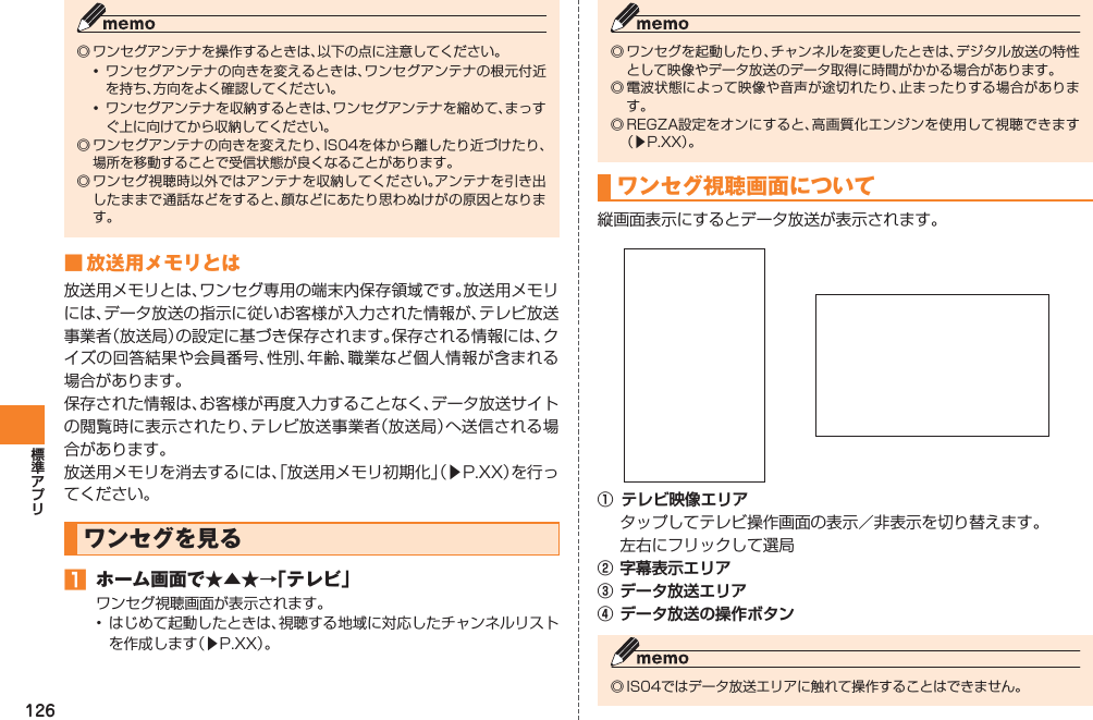 126◎ ワンセグアンテナを操作するときは、以下の点に注意してください。•  ワンセグアンテナの向きを変えるときは、ワンセグアンテナの根元付近を持ち、方向をよく確認してください。•  ワンセグアンテナを収納するときは、ワンセグアンテナを縮めて、まっすぐ上に向けてから収納してください。◎ ワンセグアンテナの向きを変えたり、IS04を体から離したり近づけたり、場所を移動することで受信状態が良くなることがあります。◎ ワンセグ視聴時以外ではアンテナを収納してください。アンテナを引き出したままで通話などをすると、顔などにあたり思わぬけがの原因となります。■ 放送用メモリとは放送用メモリとは、ワンセグ専用の端末内保存領域です。放送用メモリには、データ放送の指示に従いお客様が入力された情報が、テレビ放送事業者（放送局）の設定に基づき保存されます。保存される情報には、クイズの回答結果や会員番号、性別、年齢、職業など個人情報が含まれる場合があります。保存された情報は、お客様が再度入力することなく、データ放送サイトの閲覧時に表示されたり、テレビ放送事業者（放送局）へ送信される場合があります。放送用メモリを消去するには、「放送用メモリ初期化」（▶P.XX）を行ってください。ワンセグを見る󱈠  ホーム画面で★▲★→「テレビ」ワンセグ視聴画面が表示されます。•  はじめて起動したときは、視聴する地域に対応したチャンネルリストを作成します（▶P.XX）。◎ ワンセグを起動したり、チャンネルを変更したときは、デジタル放送の特性として映像やデータ放送のデータ取得に時間がかかる場合があります。◎ 電波状態によって映像や音声が途切れたり、止まったりする場合があります。◎ REGZA設定をオンにすると、高画質化エンジンを使用して視聴できます（▶P.XX）。ワンセグ視聴画面について縦画面表示にするとデータ放送が表示されます。①  テレビ映像エリア  タップしてテレビ操作画面の表示／非表示を切り替えます。  左右にフリックして選局② 字幕表示エリア③ データ放送エリア④ データ放送の操作ボタン◎ IS04ではデータ放送エリアに触れて操作することはできません。