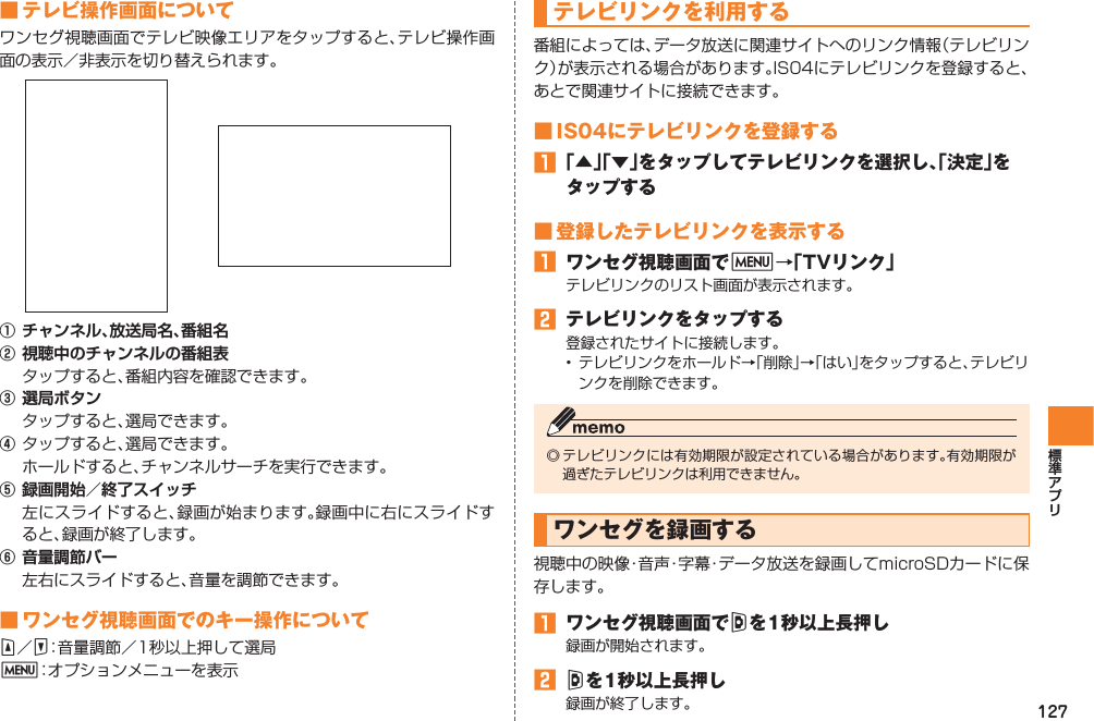 127■ テレビ操作画面についてワンセグ視聴画面でテレビ映像エリアをタップすると、テレビ操作画面の表示／非表示を切り替えられます。① チャンネル、放送局名、番組名② 視聴中のチャンネルの番組表  タップすると、番組内容を確認できます。③ 選局ボタン  タップすると、選局できます。④ タップすると、選局できます。  ホールドすると、チャンネルサーチを実行できます。⑤ 録画開始／終了スイッチ  左にスライドすると、録画が始まります。録画中に右にスライドすると、録画が終了します。⑥ 音量調節バー  左右にスライドすると、音量を調節できます。■ ワンセグ視聴画面でのキー操作についてE／F：音量調節／1秒以上押して選局M：オプションメニューを表示テレビリンクを利用する番組によっては、データ放送に関連サイトへのリンク情報（テレビリンク）が表示される場合があります。IS04にテレビリンクを登録すると、あとで関連サイトに接続できます。■ IS04にテレビリンクを登録する󱈠 「▲」「▼」をタップしてテレビリンクを選択し、「決定」をタップする■ 登録したテレビリンクを表示する󱈠  ワンセグ視聴画面でM→「TVリンク」テレビリンクのリスト画面が表示されます。󱈢  テレビリンクをタップする登録されたサイトに接続します。•  テレビリンクをホールド→「削除」→「はい」をタップすると、テレビリンクを削除できます。◎ テレビリンクには有効期限が設定されている場合があります。有効期限が過ぎたテレビリンクは利用できません。ワンセグを録画する視聴中の映像・音声・字幕・データ放送を録画してmicroSDカードに保存します。󱈠  ワンセグ視聴画面でDを1秒以上長押し録画が開始されます。󱈢 Dを1秒以上長押し録画が終了します。