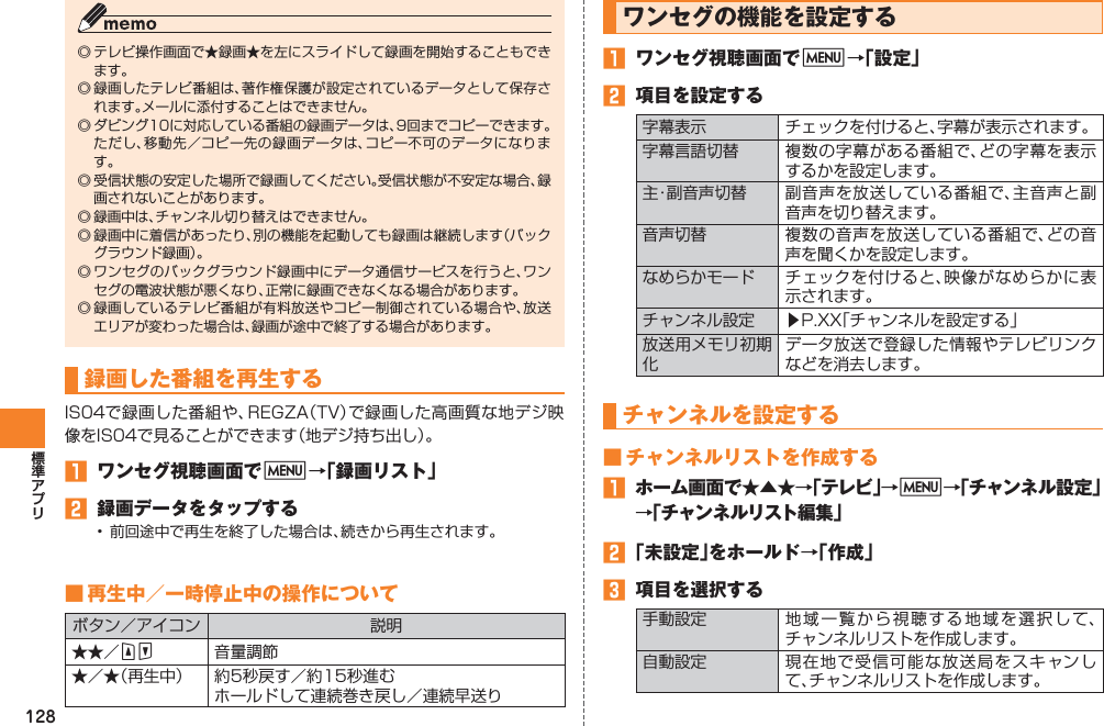 128◎ テレビ操作画面で★録画★を左にスライドして録画を開始することもできます。◎ 録画したテレビ番組は、著作権保護が設定されているデータとして保存されます。メールに添付することはできません。◎ ダビング10に対応している番組の録画データは、9回までコピーできます。ただし、移動先／コピー先の録画データは、コピー不可のデータになります。◎ 受信状態の安定した場所で録画してください。受信状態が不安定な場合、録画されないことがあります。◎ 録画中は、チャンネル切り替えはできません。◎ 録画中に着信があったり、別の機能を起動しても録画は継続します（バックグラウンド録画）。◎ ワンセグのバックグラウンド録画中にデータ通信サービスを行うと、ワンセグの電波状態が悪くなり、正常に録画できなくなる場合があります。◎ 録画しているテレビ番組が有料放送やコピー制御されている場合や、放送エリアが変わった場合は、録画が途中で終了する場合があります。録画した番組を再生するIS04で録画した番組や、REGZA（TV）で録画した高画質な地デジ映像をIS04で見ることができます（地デジ持ち出し）。󱈠  ワンセグ視聴画面でM→「録画リスト」󱈢  録画データをタップする•  前回途中で再生を終了した場合は、続きから再生されます。■ 再生中／一時停止中の操作についてボタン／アイコン 説明★★／EF 音量調節★／★（再生中） 約5秒戻す／約15秒進むホールドして連続巻き戻し／連続早送りワンセグの機能を設定する󱈠  ワンセグ視聴画面でM→「設定」󱈢  項目を設定する字幕表示 チェックを付けると、字幕が表示されます。字幕言語切替 複数の字幕がある番組で、どの字幕を表示するかを設定します。主・副音声切替 副音声を放送している番組で、主音声と副音声を切り替えます。音声切替 複数の音声を放送している番組で、どの音声を聞くかを設定します。なめらかモード チェックを付けると、映像がなめらかに表示されます。チャンネル設定 ▶P.XX「チャンネルを設定する」放送用メモリ初期化データ放送で登録した情報やテレビリンクなどを消去します。チャンネルを設定する■ チャンネルリストを作成する󱈠  ホーム画面で★▲★→「テレビ」→M→「チャンネル設定」→「チャンネルリスト編集」󱈢 「未設定」をホールド→「作成」󱈤  項目を選択する手動設定 地域一覧から視聴する地域を選択して、チャンネルリストを作成します。自動設定 現在地で受信可能な放送局をスキャンして、チャンネルリストを作成します。