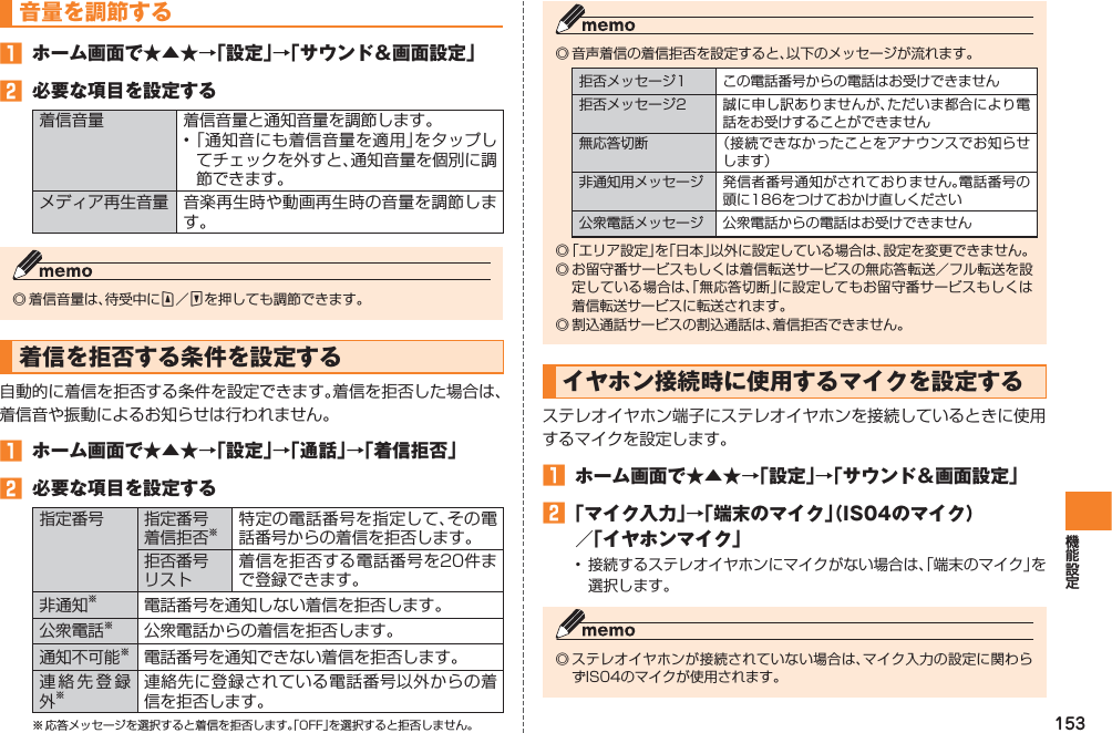 153音量を調節する󱈠  ホーム画面で★▲★→「設定」→「サウンド＆画面設定」󱈢  必要な項目を設定する着信音量 着信音量と通知音量を調節します。• 「通知音にも着信音量を適用」をタップしてチェックを外すと、通知音量を個別に調節できます。メディア再生音量 音楽再生時や動画再生時の音量を調節します。◎ 着信音量は、待受中にE／Fを押しても調節できます。着信を拒否する条件を設定する自動的に着信を拒否する条件を設定できます。着信を拒否した場合は、着信音や振動によるお知らせは行われません。󱈠  ホーム画面で★▲★→「設定」→「通話」→「着信拒否」󱈢  必要な項目を設定する指定番号 指定番号 着信拒否※特定の電話番号を指定して、その電話番号からの着信を拒否します。拒否番号 リスト着信を拒否する電話番号を20件まで登録できます。非通知※電話番号を通知しない着信を拒否します。公衆電話※公衆電話からの着信を拒否します。通知不可能※電話番号を通知できない着信を拒否します。連絡先登録外※連絡先に登録されている電話番号以外からの着信を拒否します。※ 応答メッセージを選択すると着信を拒否します。「OFF」を選択すると拒否しません。◎ 音声着信の着信拒否を設定すると、以下のメッセージが流れます。拒否メッセージ1 この電話番号からの電話はお受けできません拒否メッセージ2 誠に申し訳ありませんが、ただいま都合により電話をお受けすることができません無応答切断 （接続できなかったことをアナウンスでお知らせします）非通知用メッセージ 発信者番号通知がされておりません。電話番号の頭に186をつけておかけ直しください公衆電話メッセージ 公衆電話からの電話はお受けできません◎ 「エリア設定」を「日本」以外に設定している場合は、設定を変更できません。◎ お留守番サービスもしくは着信転送サービスの無応答転送／フル転送を設定している場合は、「無応答切断」に設定してもお留守番サービスもしくは着信転送サービスに転送されます。◎ 割込通話サービスの割込通話は、着信拒否できません。イヤホン接続時に使用するマイクを設定するステレオイヤホン端子にステレオイヤホンを接続しているときに使用するマイクを設定します。󱈠  ホーム画面で★▲★→「設定」→「サウンド＆画面設定」󱈢 「マイク入力」→「端末のマイク」（IS04のマイク） ／「イヤホンマイク」•  接続するステレオイヤホンにマイクがない場合は、「端末のマイク」を選択します。◎ ステレオイヤホンが接続されていない場合は、マイク入力の設定に関わらずIS04のマイクが使用されます。