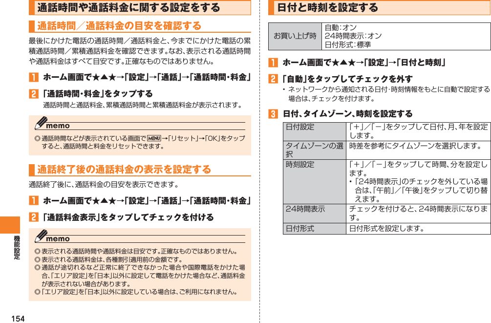 154通話時間や通話料金に関する設定をする通話時間／通話料金の目安を確認する最後にかけた電話の通話時間／通話料金と、今までにかけた電話の累積通話時間／累積通話料金を確認できます。なお、表示される通話時間や通話料金はすべて目安です。正確なものではありません。󱈠  ホーム画面で★▲★→「設定」→「通話」→「通話時間・料金」󱈢 「通話時間・料金」をタップする通話時間と通話料金、累積通話時間と累積通話料金が表示されます。◎ 通話時間などが表示されている画面でM→「リセット」→「OK」をタップすると、通話時間と料金をリセットできます。通話終了後の通話料金の表示を設定する通話終了後に、通話料金の目安を表示できます。󱈠  ホーム画面で★▲★→「設定」→「通話」→「通話時間・料金」󱈢 「通話料金表示」をタップしてチェックを付ける◎ 表示される通話時間や通話料金は目安です。正確なものではありません。◎ 表示される通話料金は、各種割引適用前の金額です。◎ 通話が途切れるなど正常に終了できなかった場合や国際電話をかけた場合、「エリア設定」を「日本」以外に設定して電話をかけた場合など、通話料金が表示されない場合があります。◎ 「エリア設定」を「日本」以外に設定している場合は、ご利用になれません。日付と時刻を設定するお買い上げ時自 動：オ ン24時間表示：オン日付形式：標準󱈠  ホーム画面で★▲★→「設定」→「日付と時刻」󱈢 「自動」をタップしてチェックを外す•  ネットワークから通知される日付・時刻情報をもとに自動で設定する場合は、チェックを付けます。󱈤  日付、タイムゾーン、時刻を設定する日付設定 「＋」／「−」をタップして日付、月、年を設定します。タイムゾーンの選択時差を参考にタイムゾーンを選択します。時刻設定 「＋」／「−」をタップして時間、分を設定します。• 「24時間表示」のチェックを外している場合は、「午前」／「午後」をタップして切り替えます。24時間表示 チェックを付けると、24時間表示になります。日付形式 日付形式を設定します。